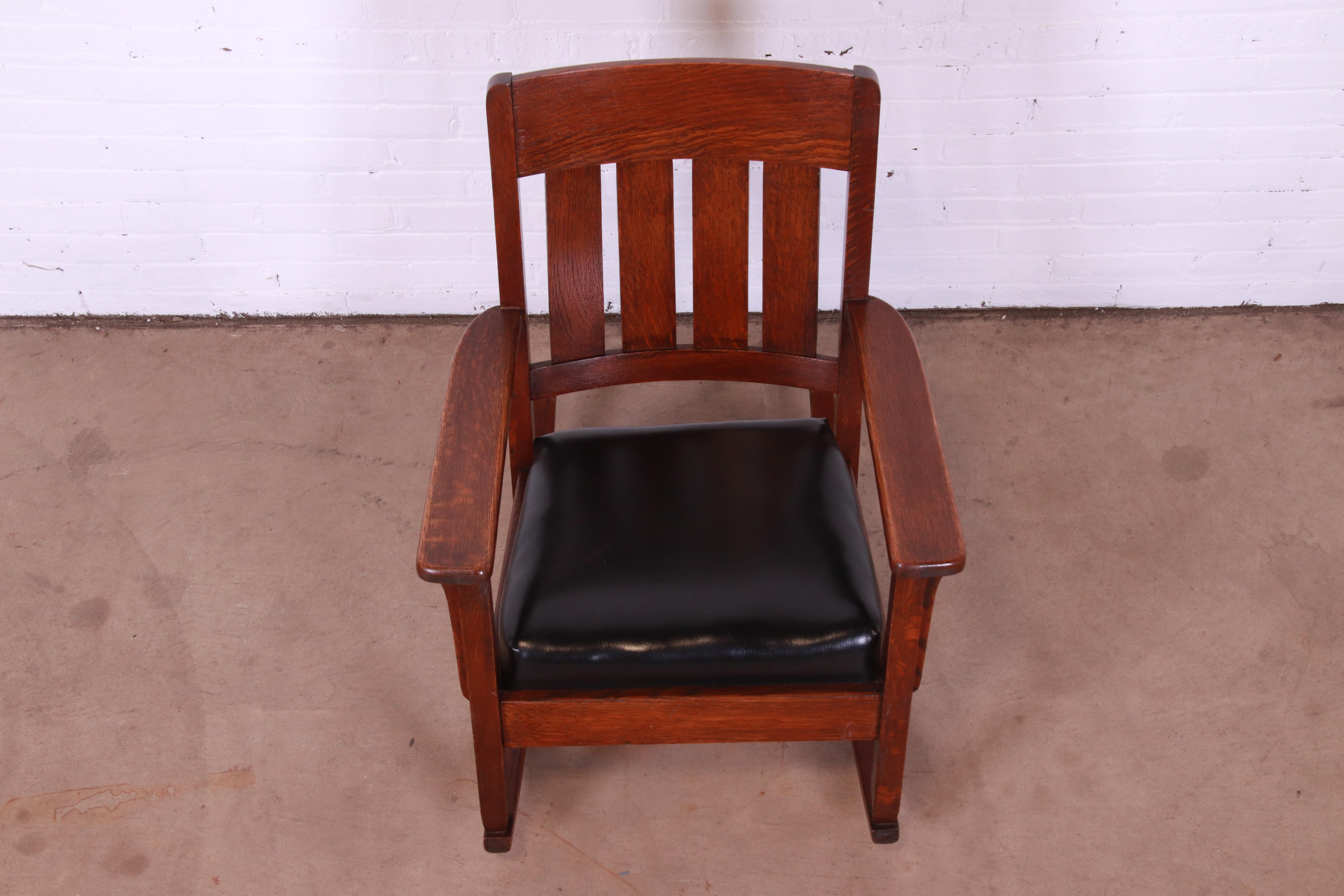 20th Century Stickley Style Arts & Crafts Oak and Leather Rocking Chair, Circa 1900