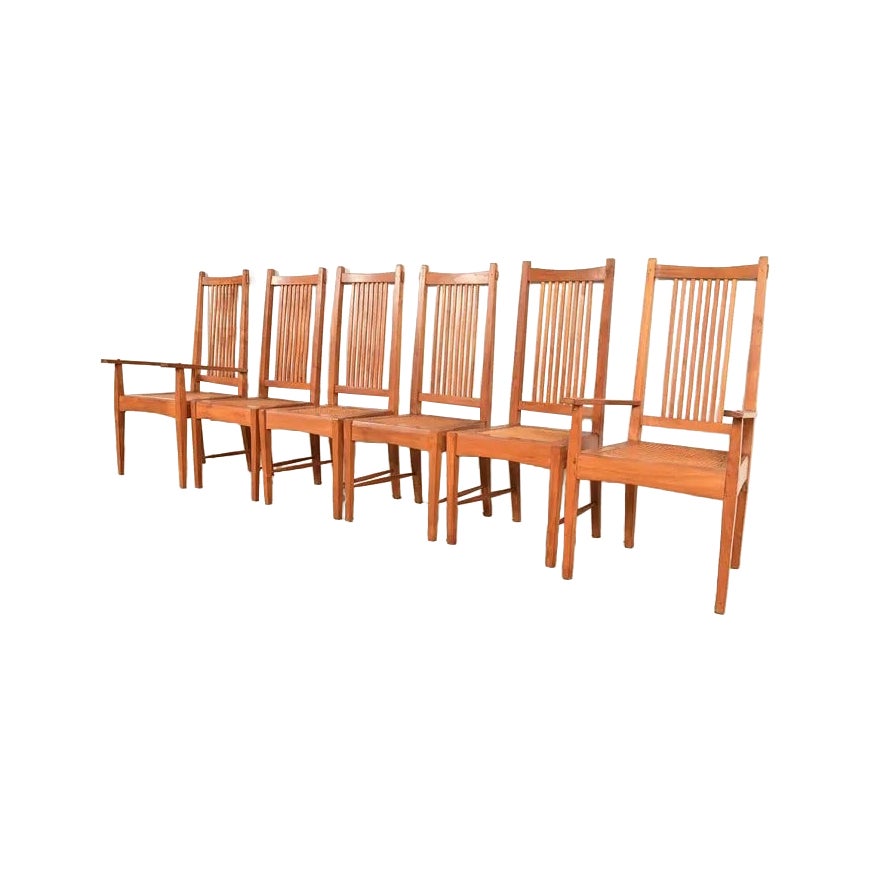 Stickley Style Arts & Crafts Teak and Cane Dining Chairs, Set of Six