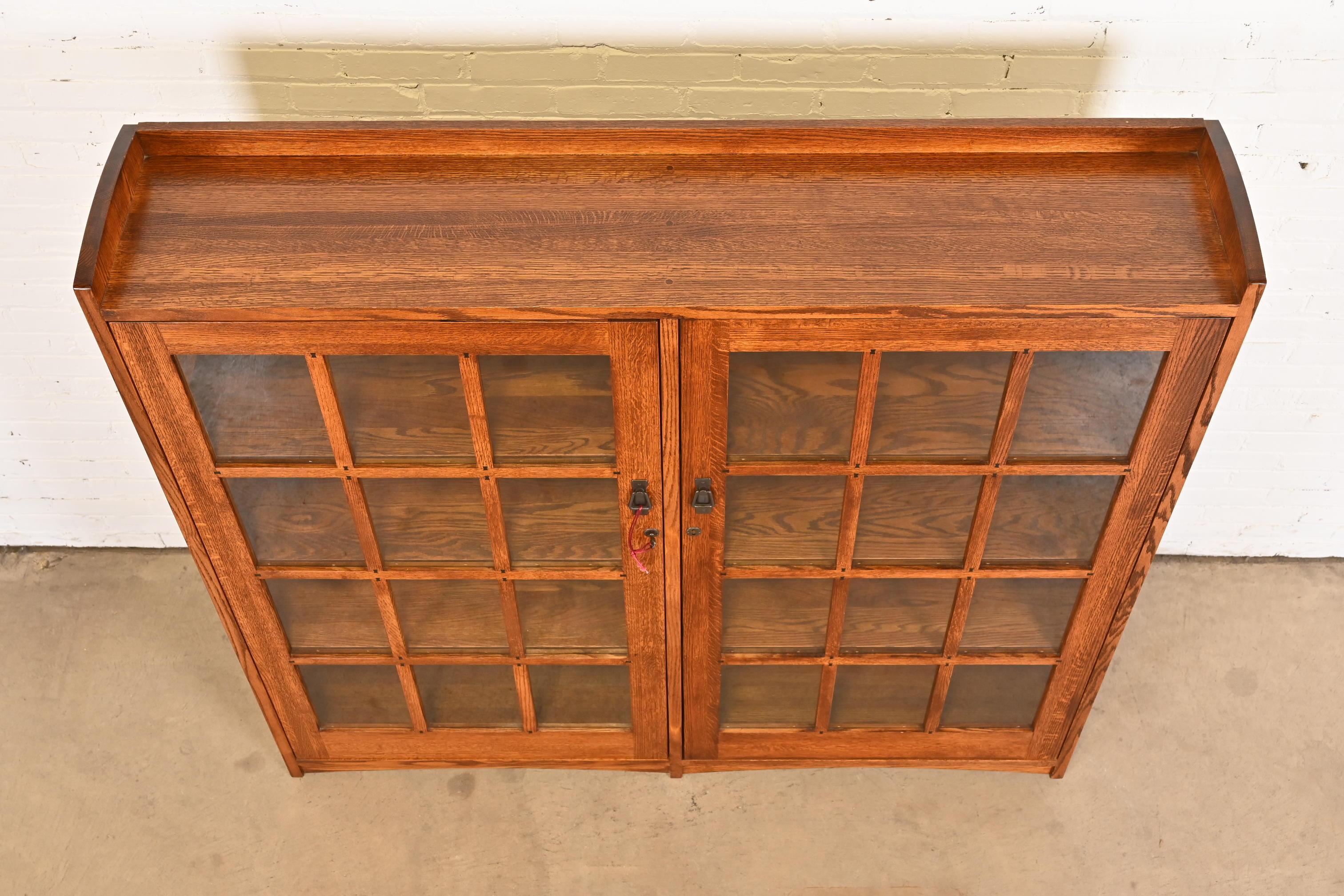 Glass Stickley Style Mission Oak Arts and Crafts Double Bookcase