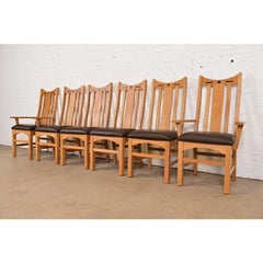 Stickley Style Mission Oak Arts & Crafts High Back Dining Chairs, Set of Six