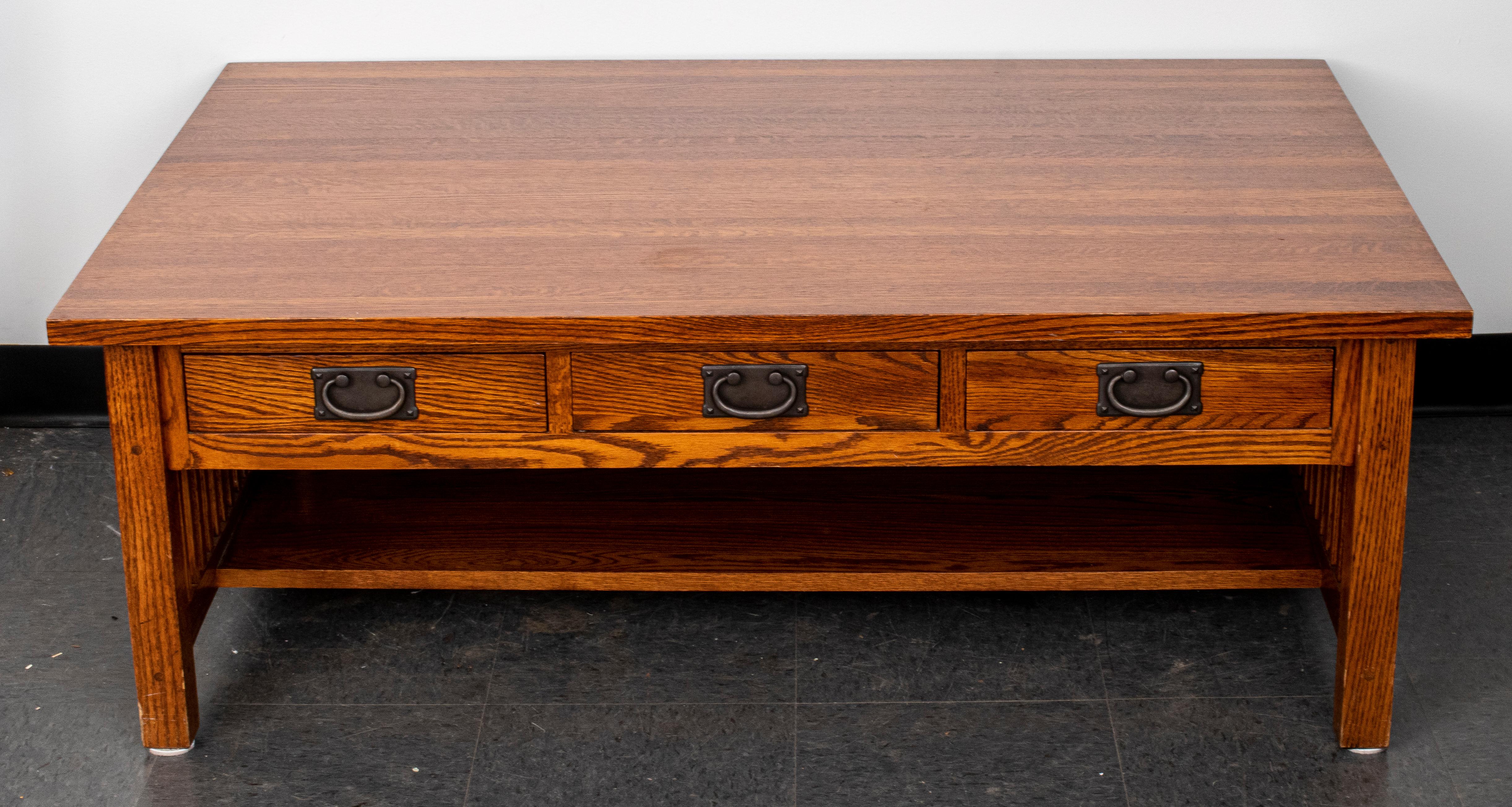 Arts and Crafts Stickley style coffee table with six drawers, wood. From a Rye, New York private collection. Measures: 18