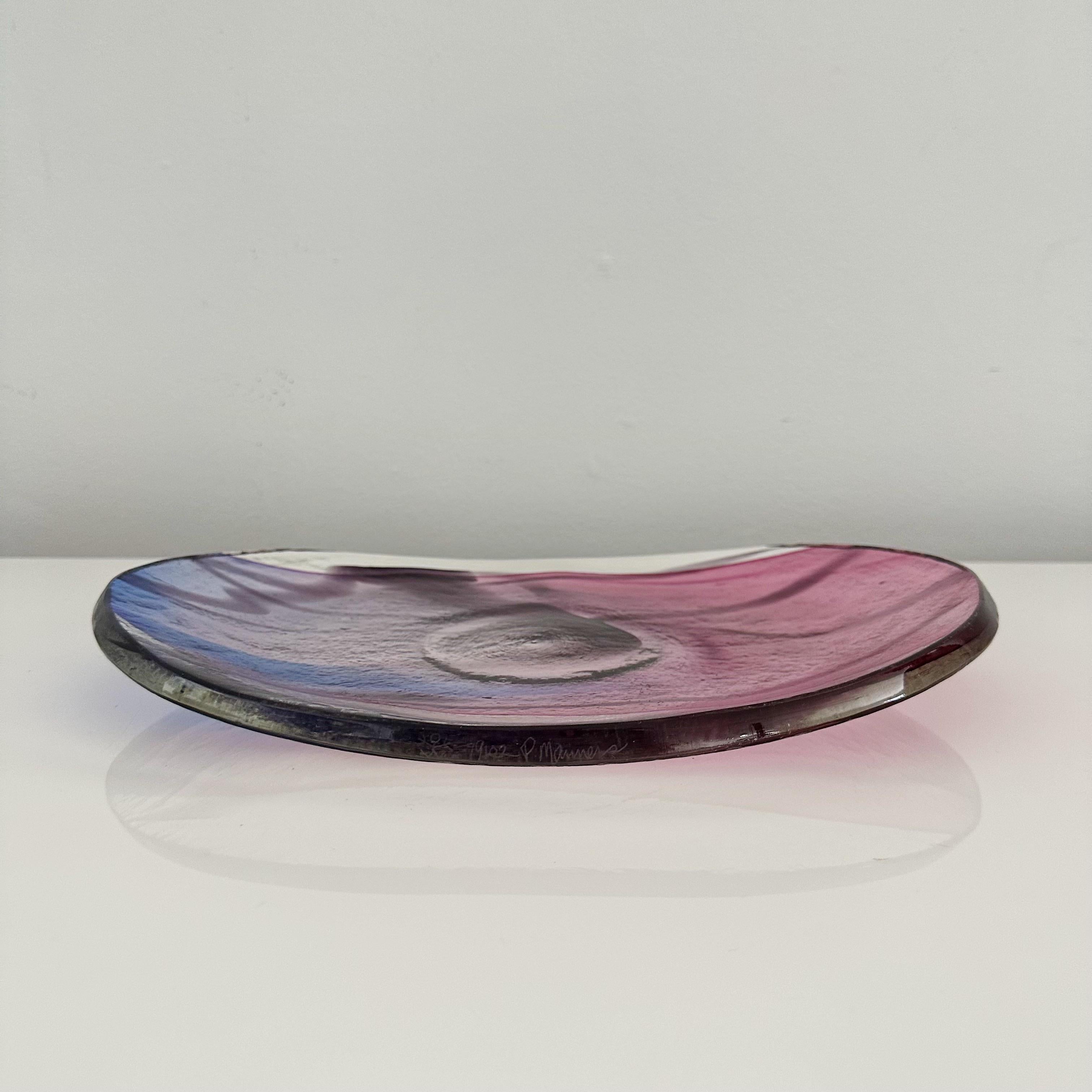 Hand-Blown Art Glass Sculptural plate by Paul Manners (United States, born 1946) Stickman Studios. Signed to the base Numbered 7910. Freeform sculptural plate centerpiece in transparent, purple and blue tones. signed and numbered P Manners with