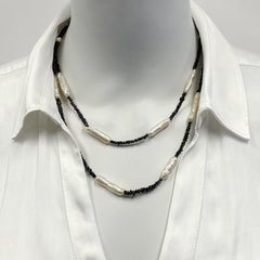 "Sticks & Stones" 36 Inch Necklace of Rough Diamonds, Stick Pearls & 14K Clasp