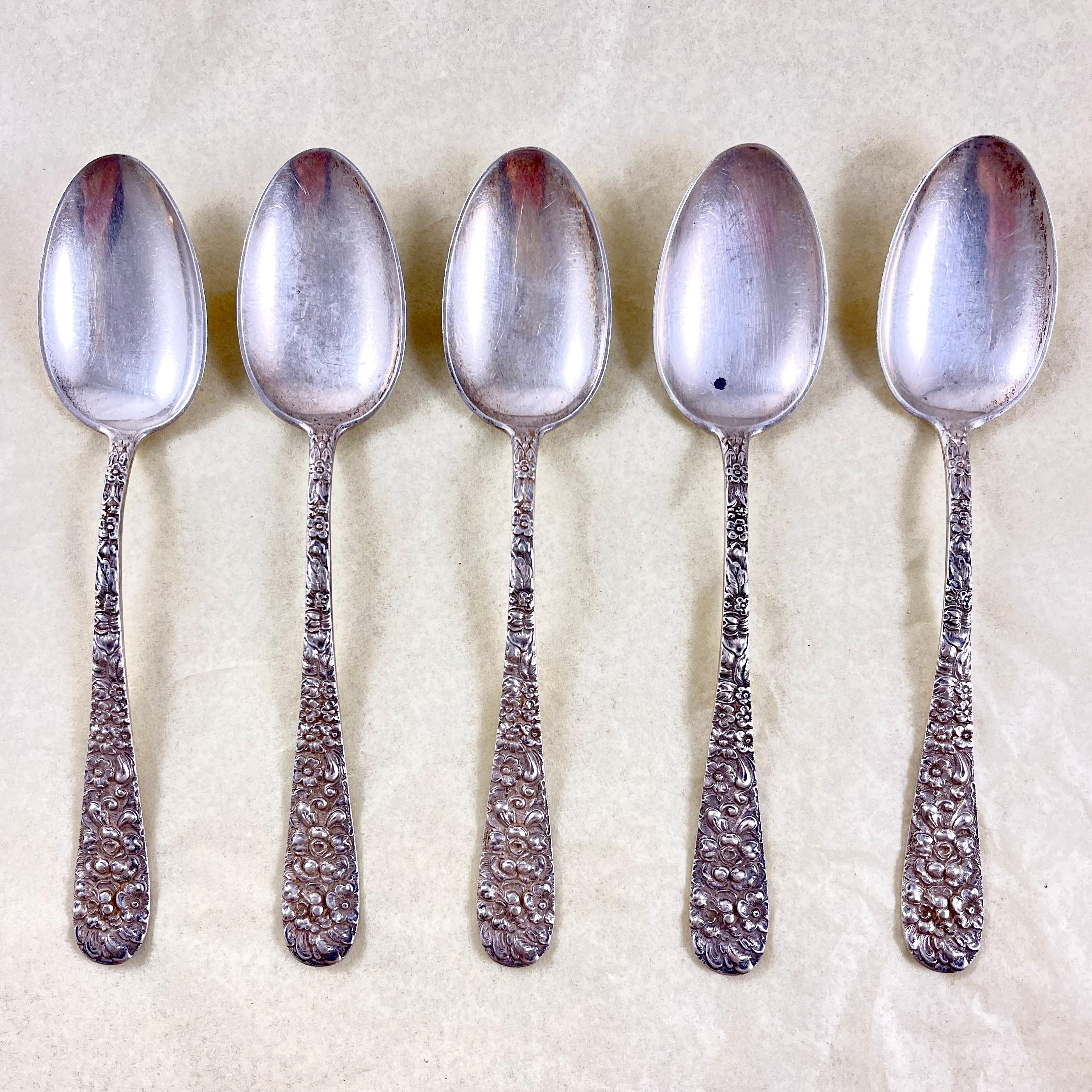 A group of five sterling silver teaspoons made by Stieff, in the Rose pattern, a popular pattern first issued in 1892.

Known for their superior quality silver flatware, Steiff operated out of Baltimore, Maryland.

This group of teaspoons date from