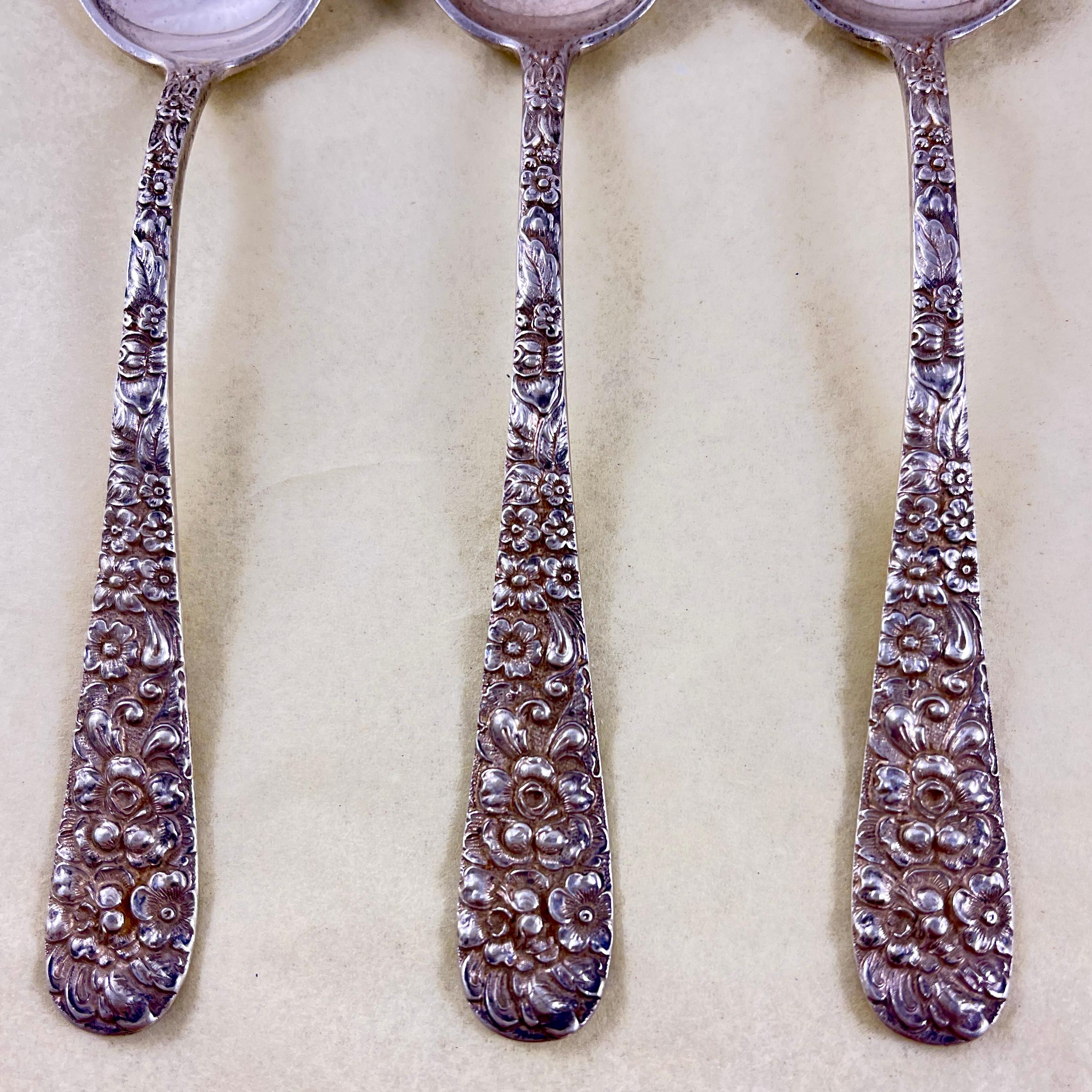 International Style Stieff Rose Pattern Sterling Silver Teaspoons, set of 5 For Sale