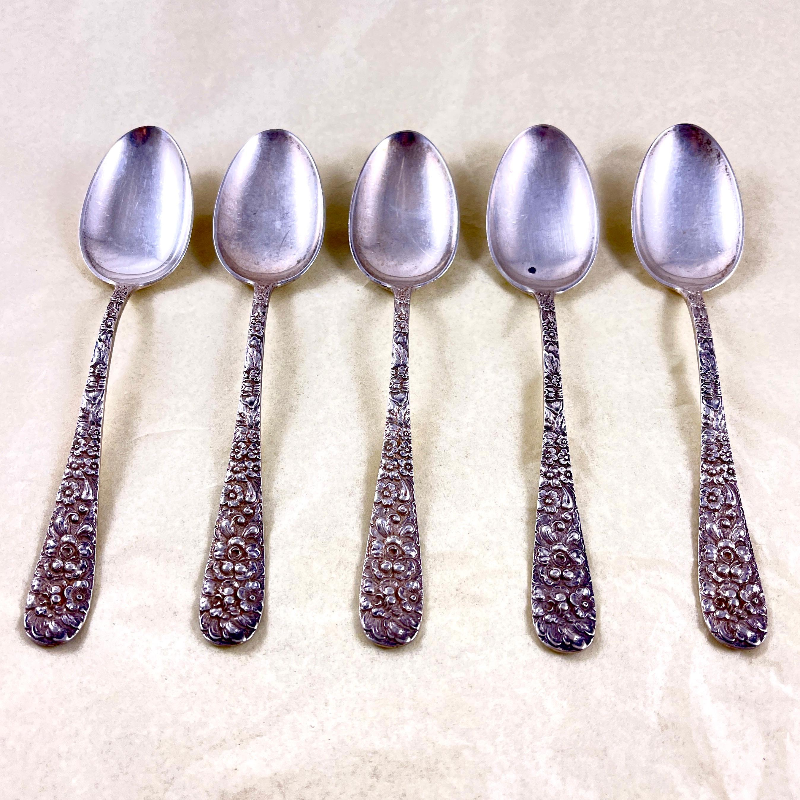 American Stieff Rose Pattern Sterling Silver Teaspoons, set of 5 For Sale
