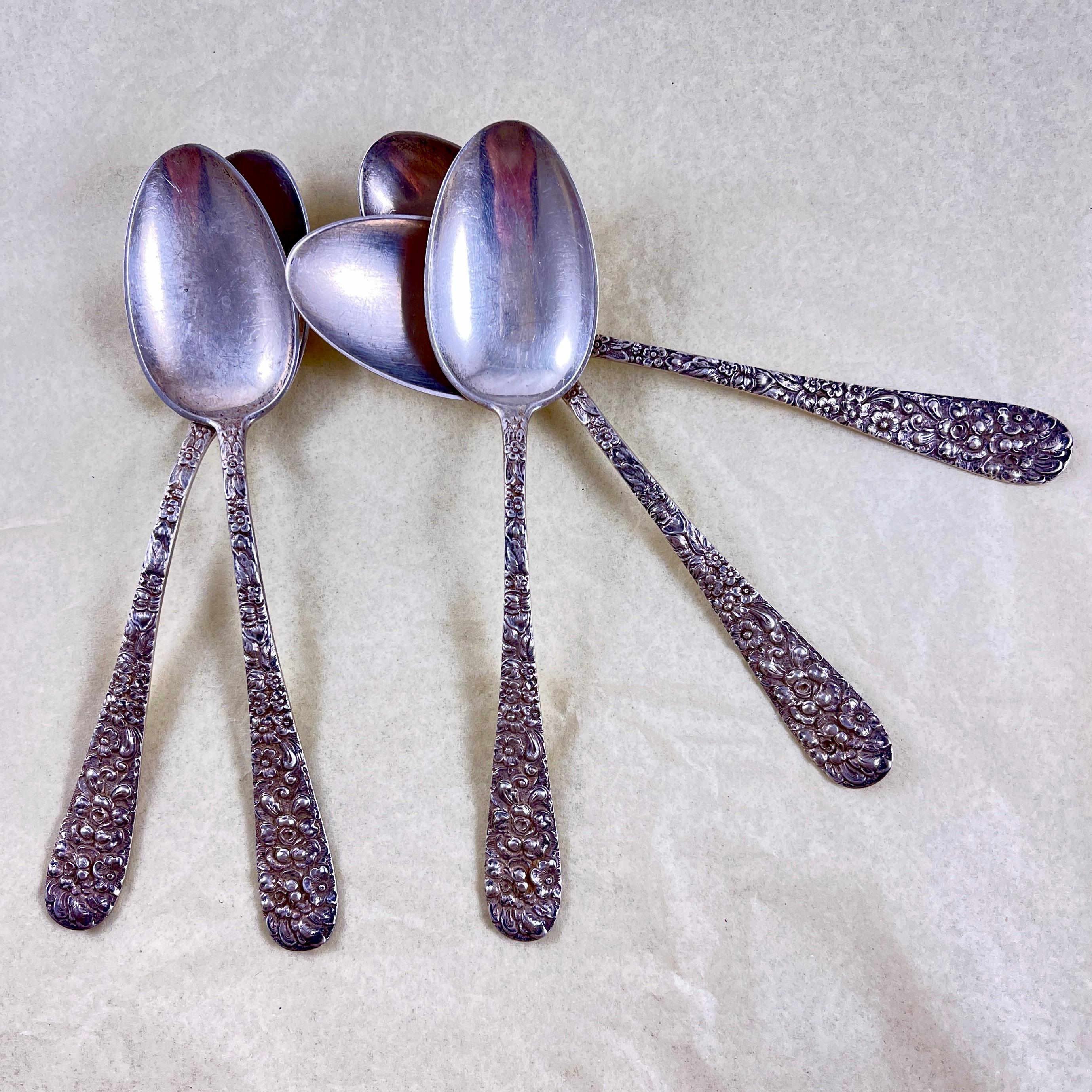 20th Century Stieff Rose Pattern Sterling Silver Teaspoons, set of 5 For Sale