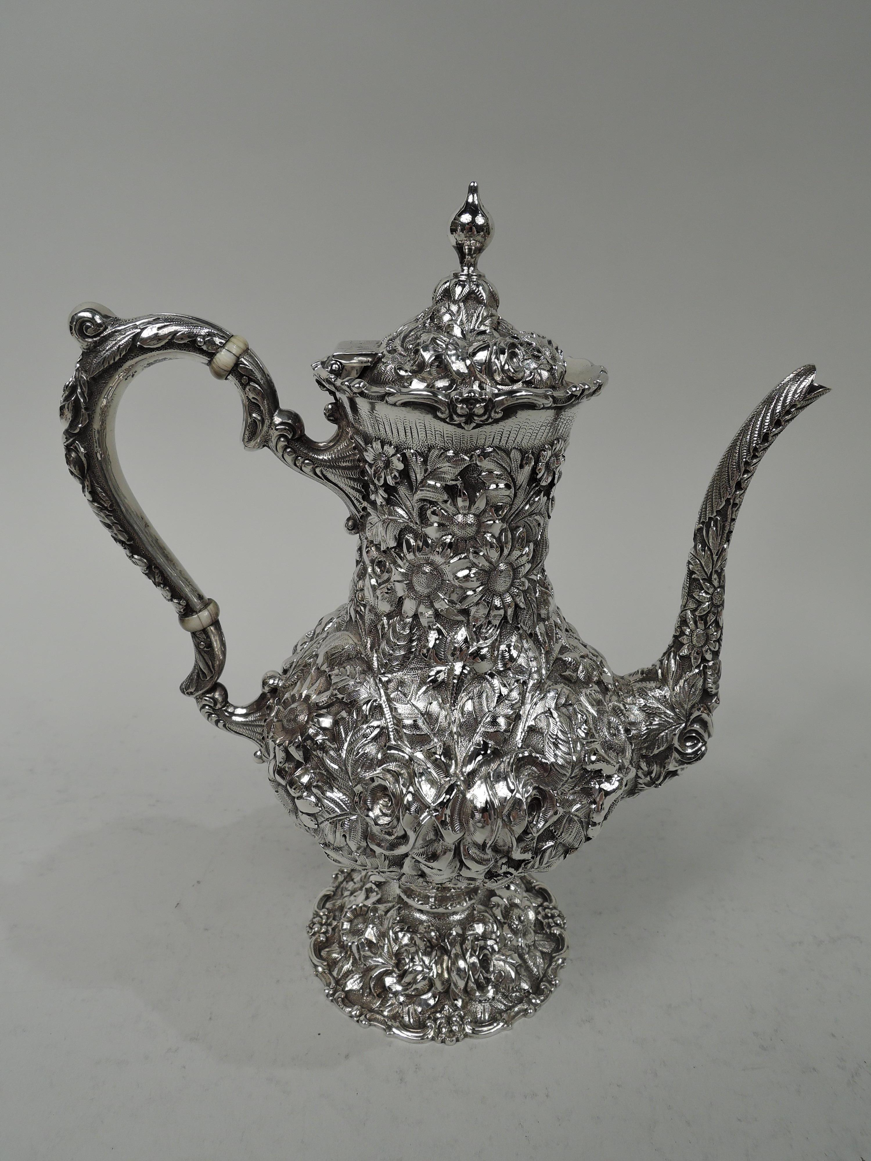 Edwardian Stieff Sterling Silver 3-Piece Coffee Set with Baltimore Repousse For Sale