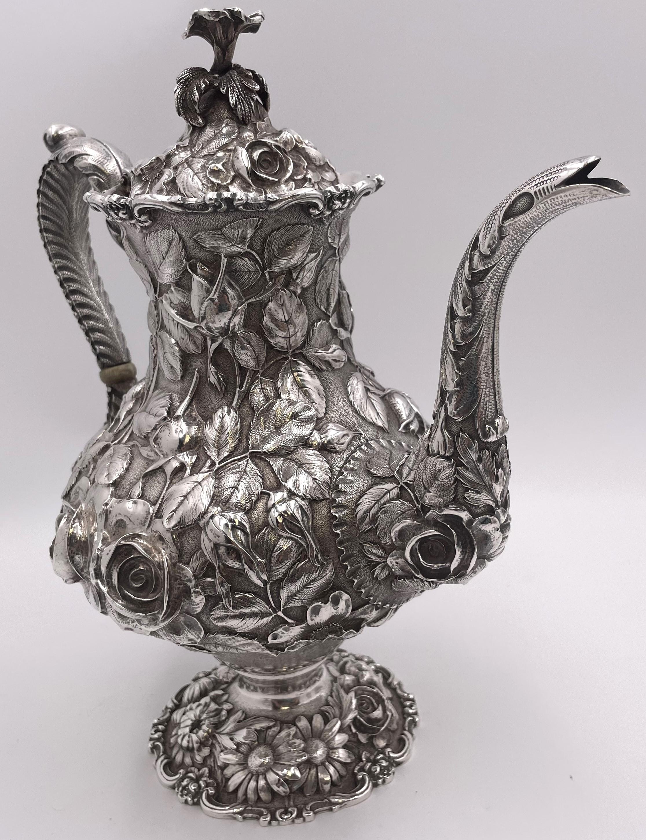 Stieff Sterling Silber 4-teiliges Tee- und Kaffeeset in Repousse-Muster #1100 im Angebot 5