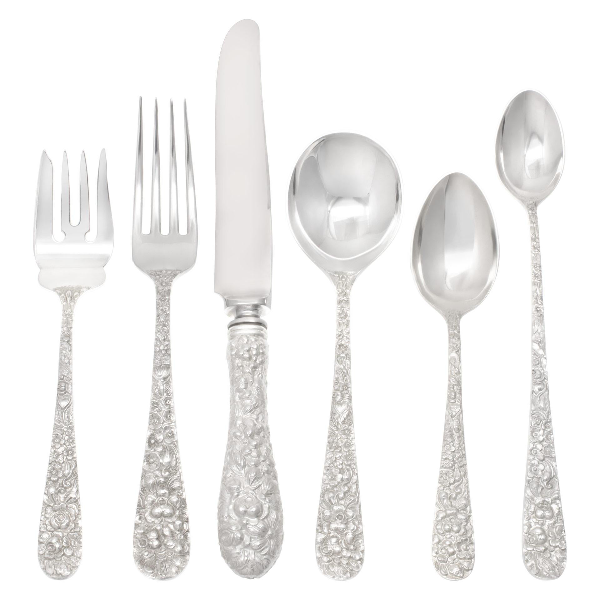 Stieff Sterling Silver Co "ROSE REPOUSSE" sterling silver flatware set For Sale