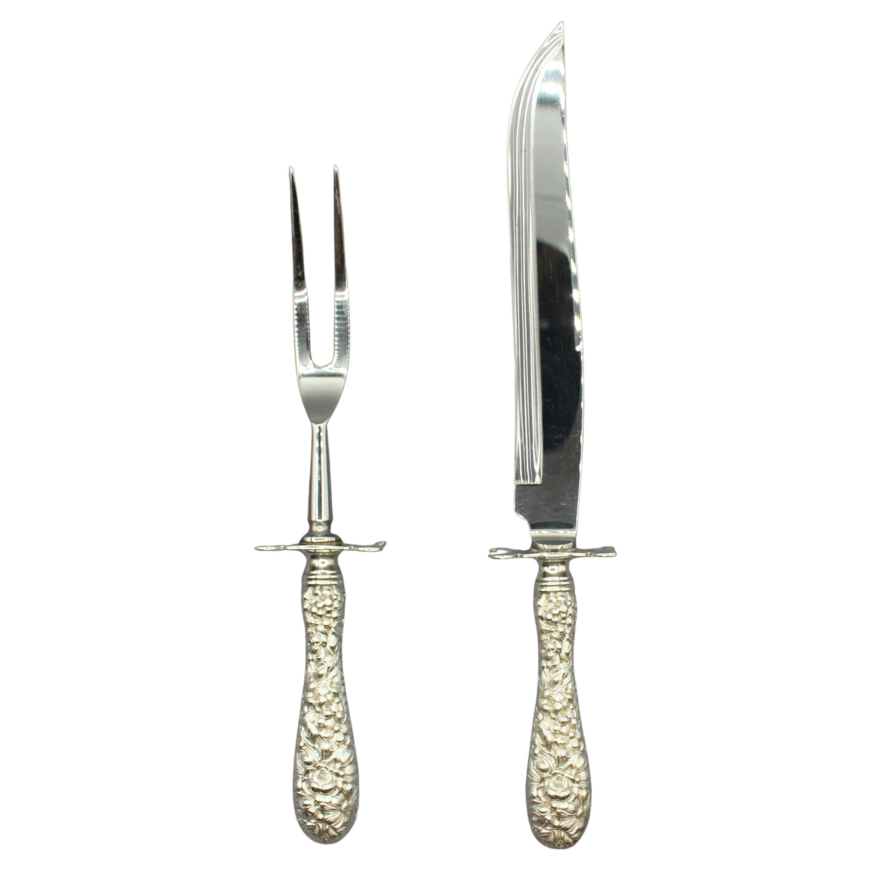 Set à rôtir en argent Stieff avec manche en "Rose" ou "Baltimore Rose" P en vente
