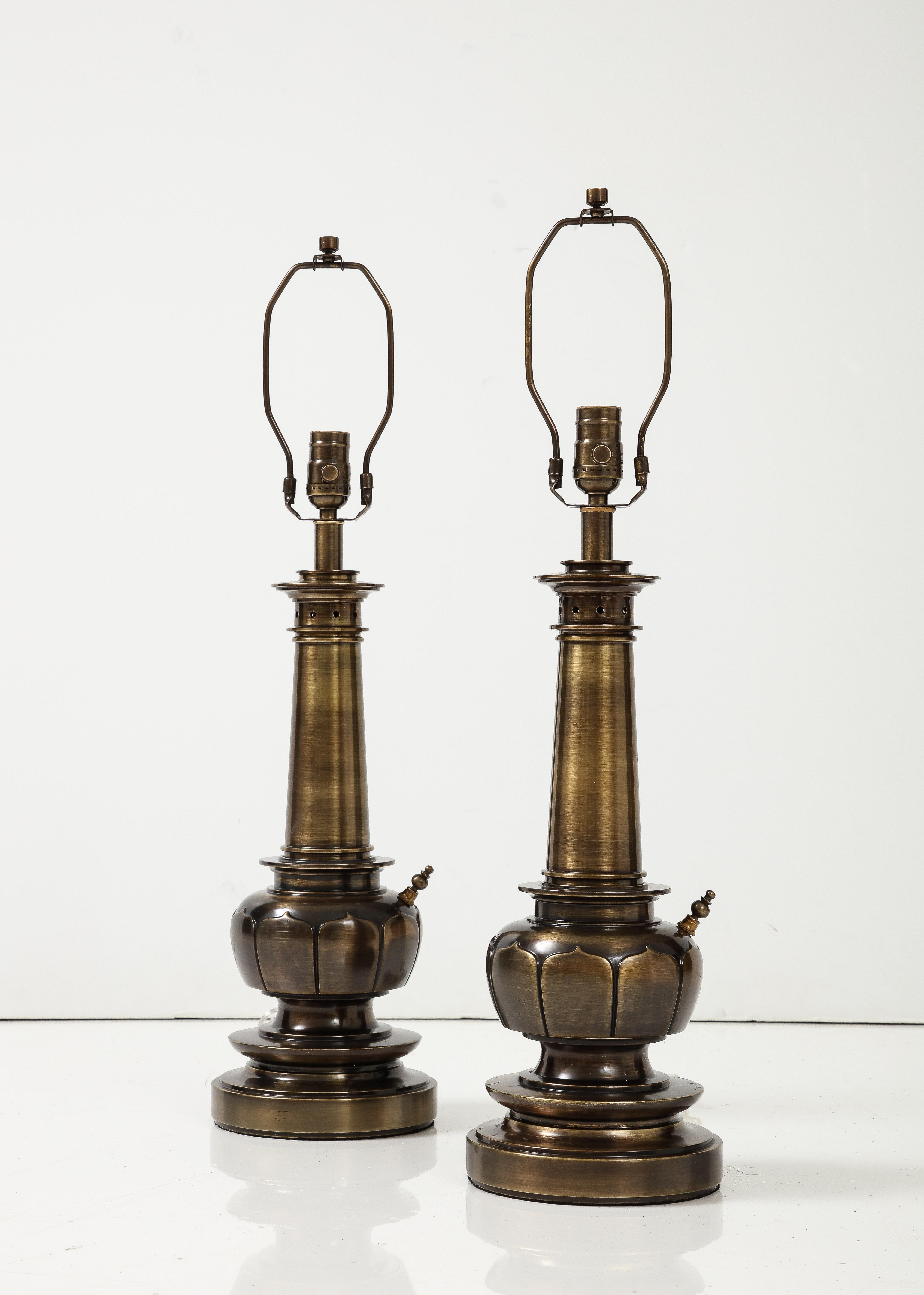 American Stiffel Aged Brass Lotus Lamps For Sale