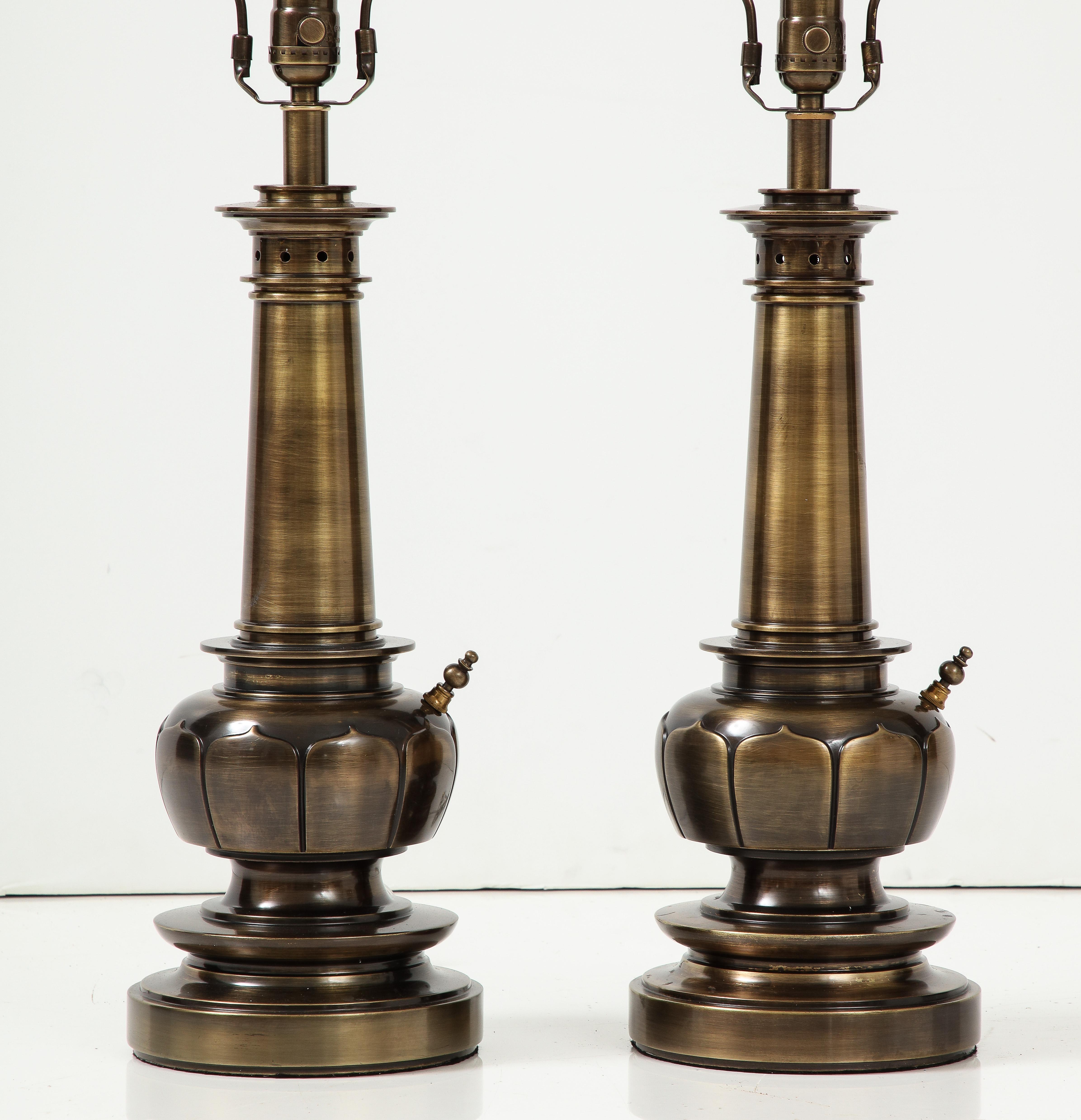 20th Century Stiffel Aged Brass Lotus Lamps For Sale