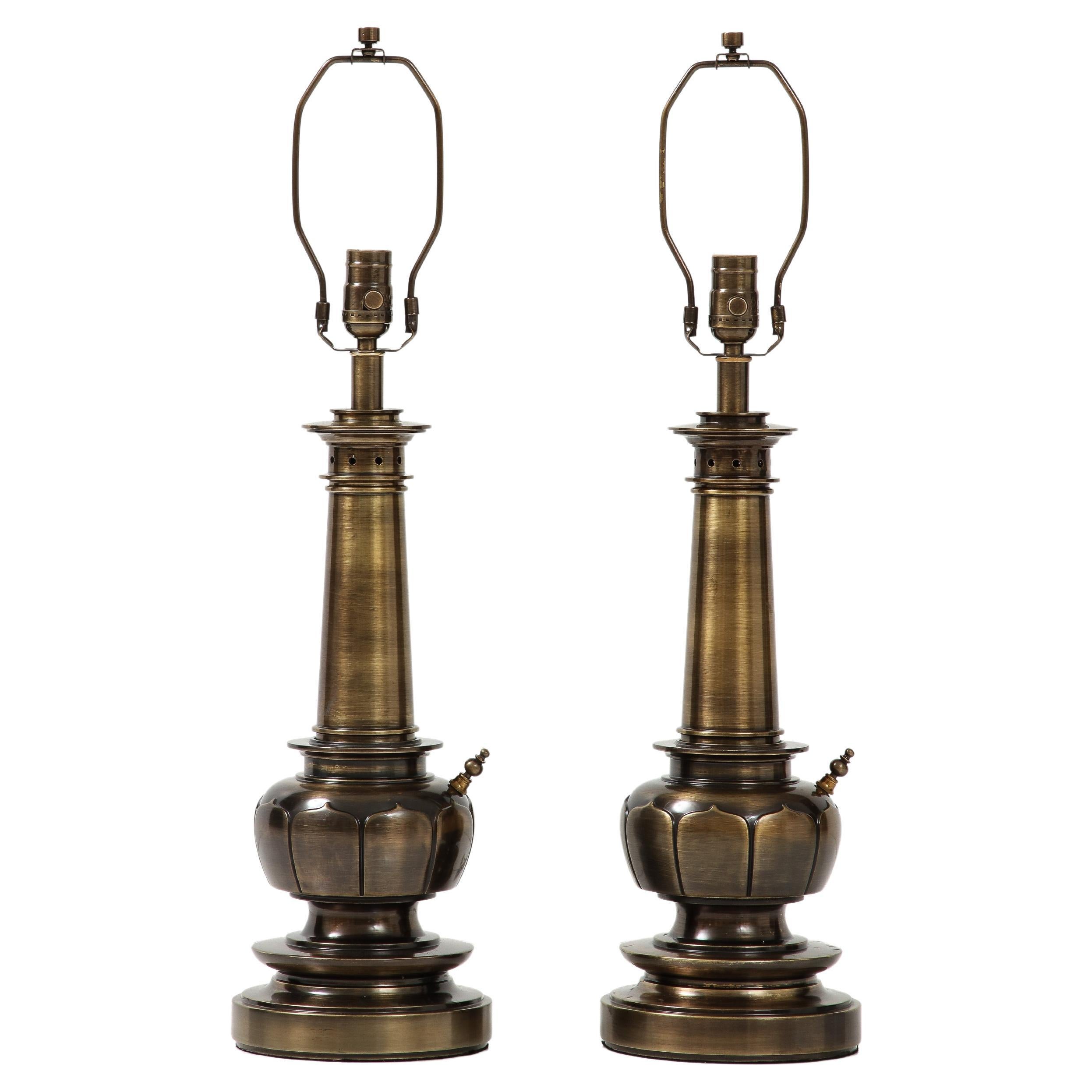 Stiffel Aged Brass Lotus Lamps For Sale