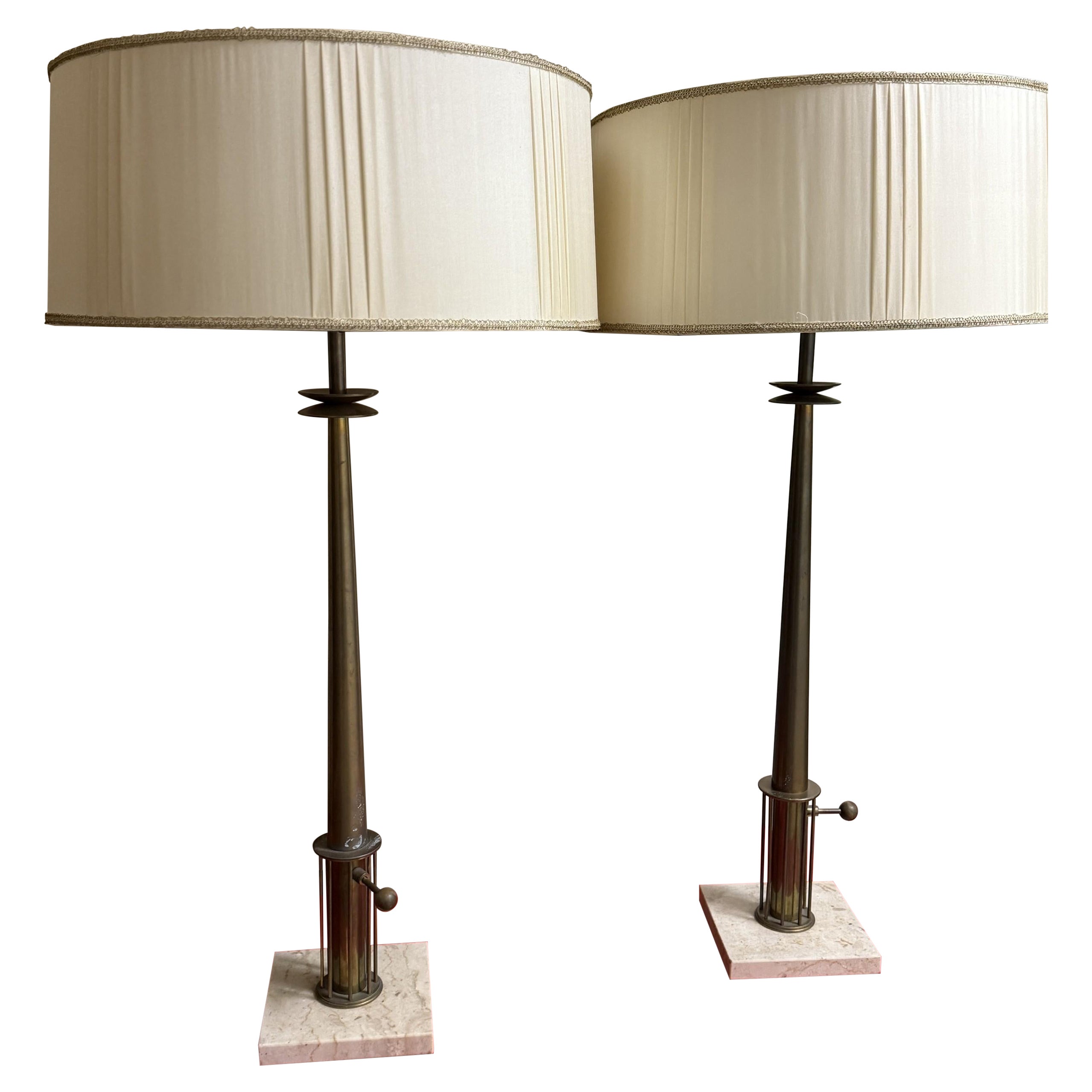 Stiffel American Mid-Century Brass and Travertine Tall Table Lamps For Sale