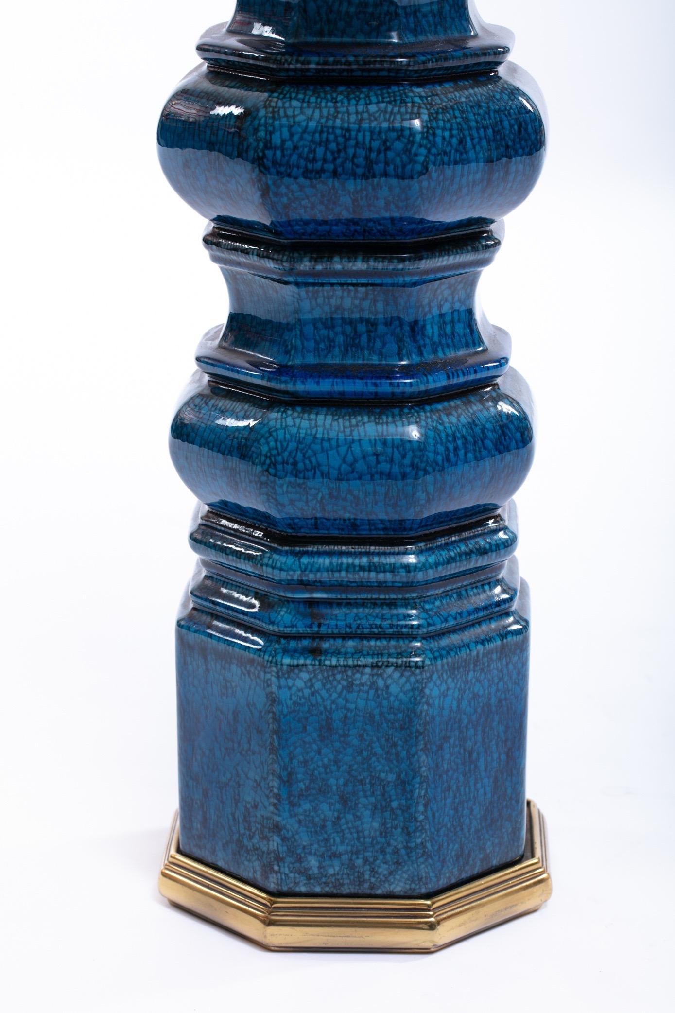 American Stiffel Blue Ceramic Table Lamp with Crackle Glaze, circa 1960