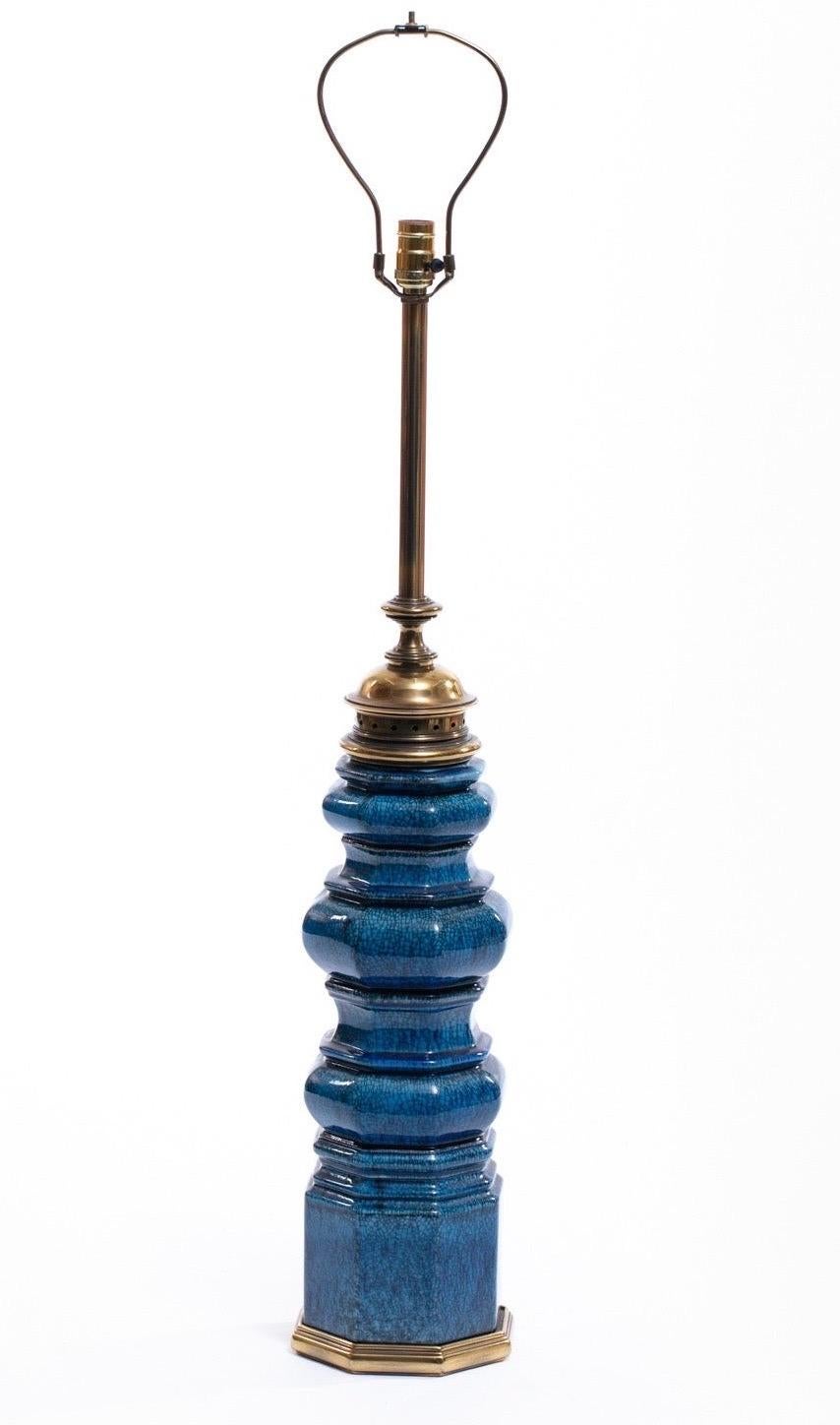 Glazed Stiffel Blue Ceramic Table Lamp with Crackle Glaze, circa 1960