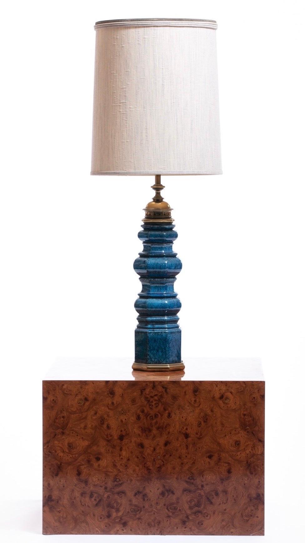 20th Century Stiffel Blue Ceramic Table Lamp with Crackle Glaze, circa 1960