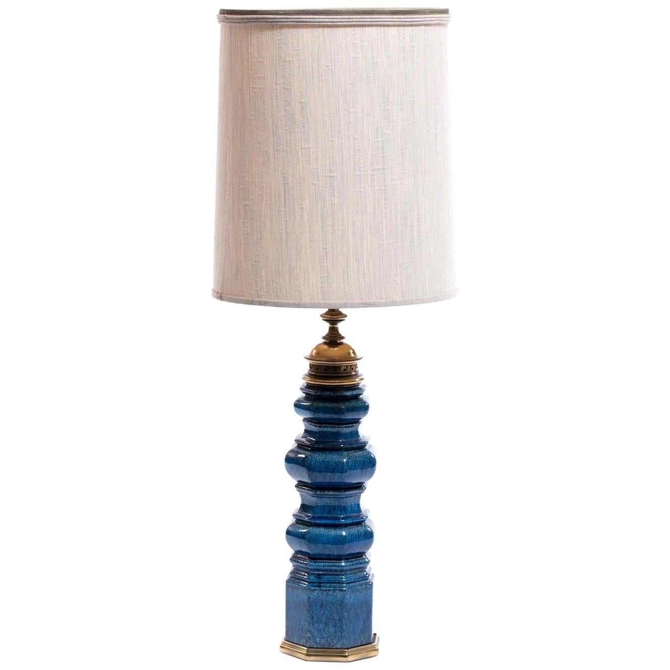 Stiffel Blue Ceramic Table Lamp with Crackle Glaze, circa 1960