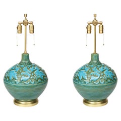 Stiffel Blue/Green Ivy Porcelain Lamps