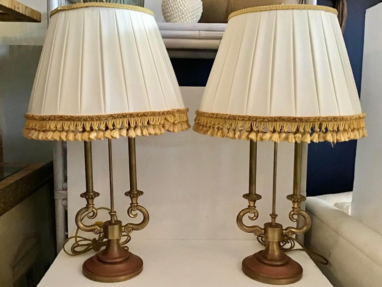Stiffel Brass Lamps with Jansen Lamp Shades, a Pair For Sale at 1stDibs