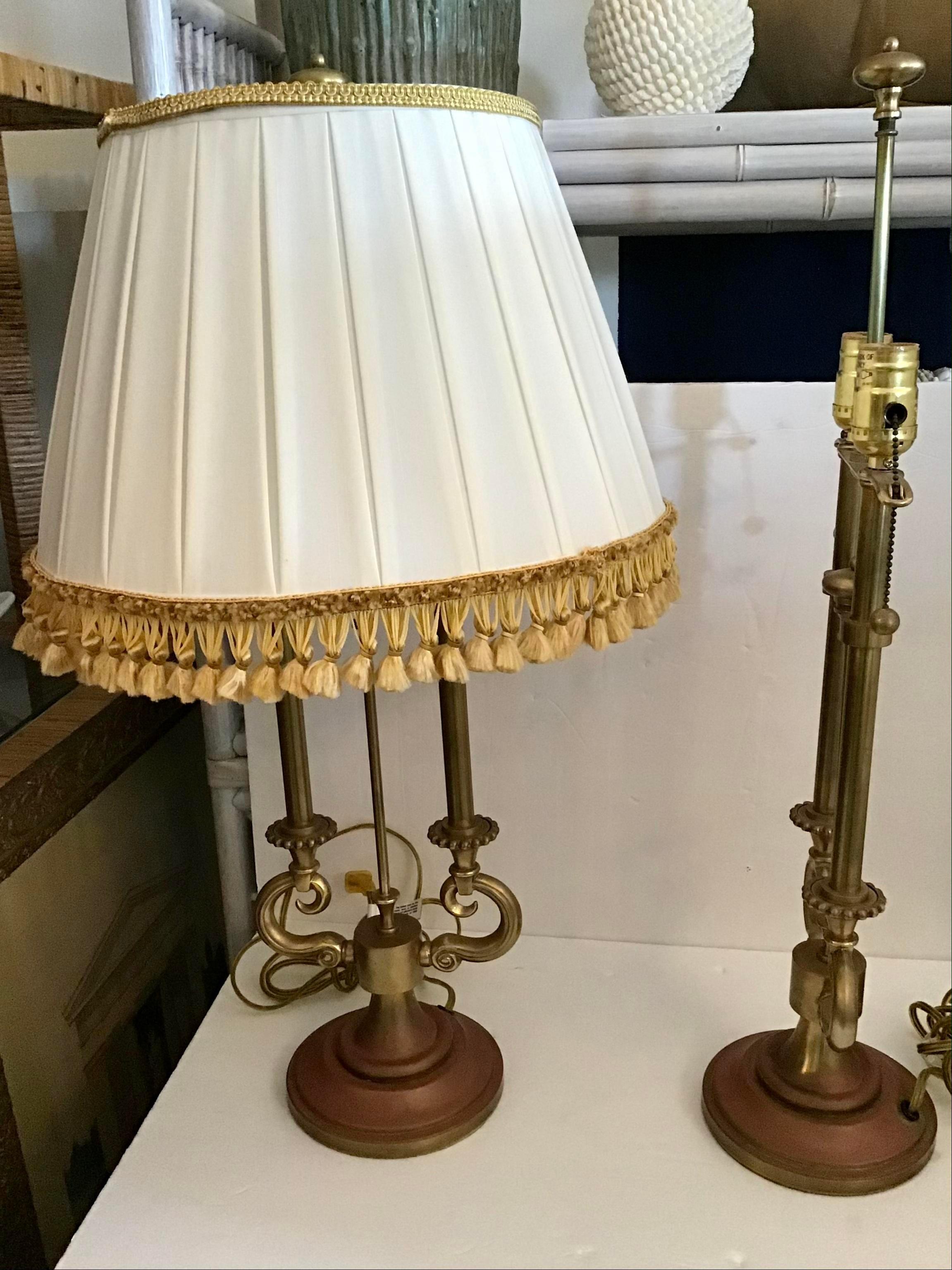 Stiffel Brass Lamps with Jansen Lamp Shades, a Pair In Good Condition For Sale In Los Angeles, CA