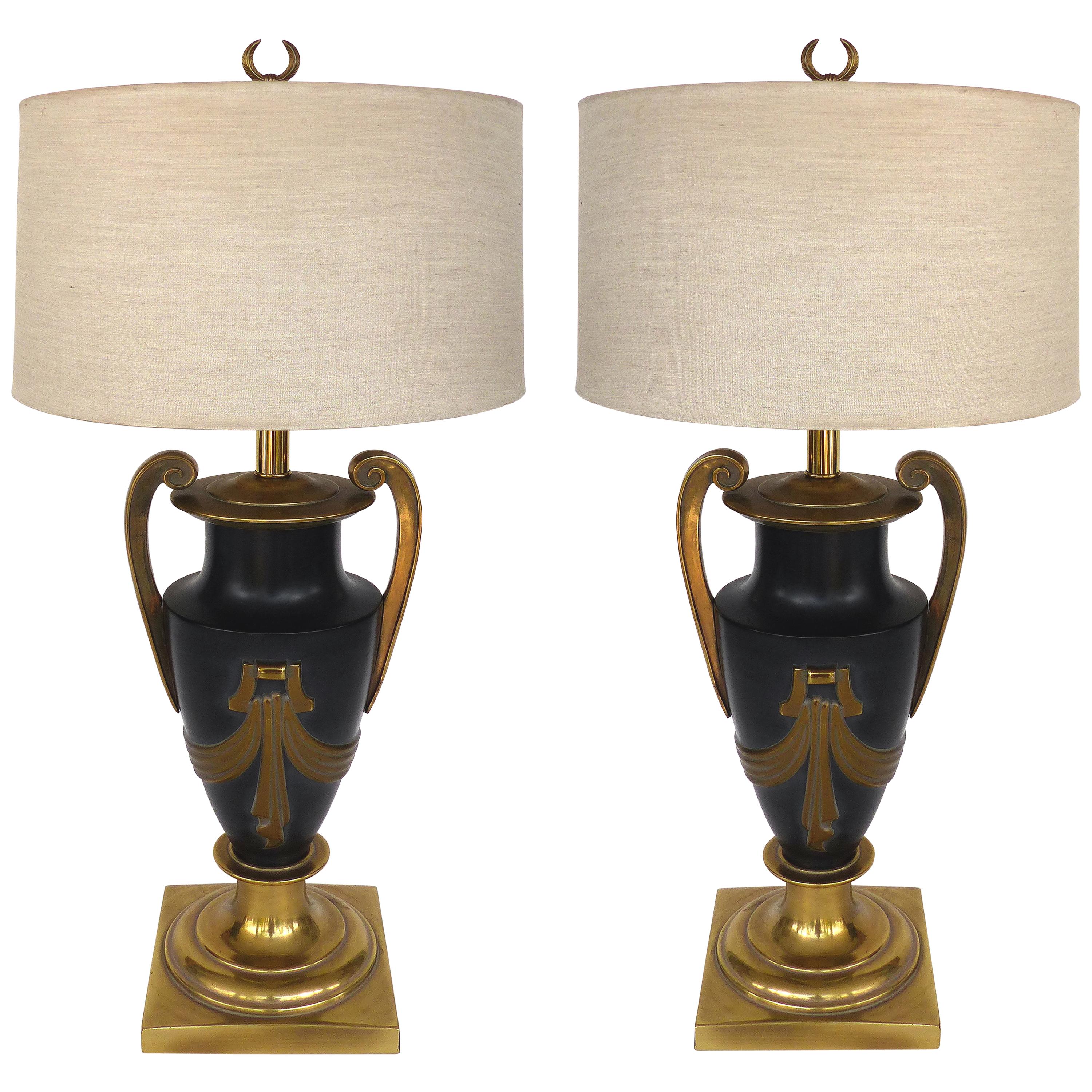 Stiffel Brass Neoclassical Urn Table Lamps, a Pair