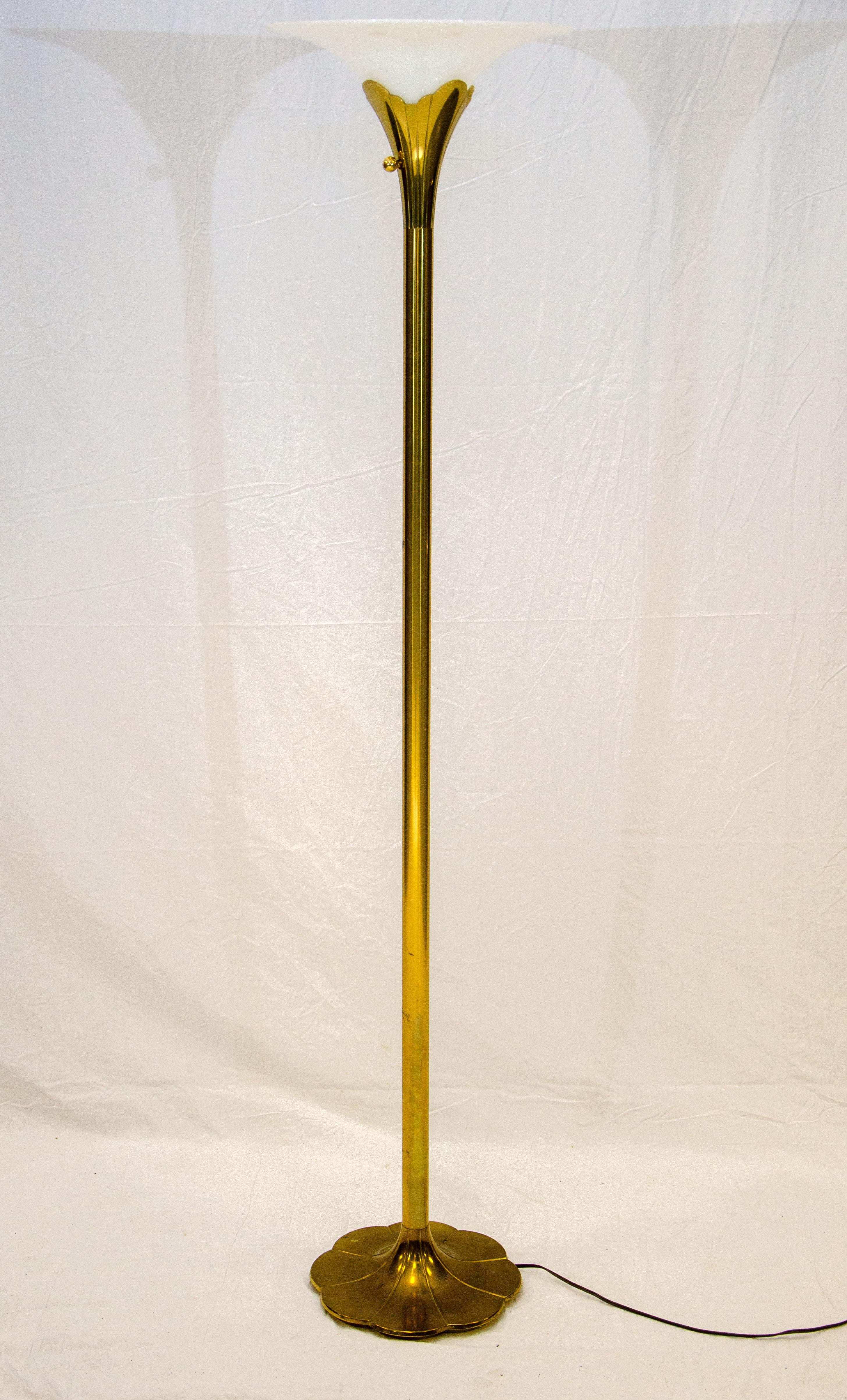 Unusual brass Stiffel torchiere floor lamp with a white glass shade that measures 14 1/2