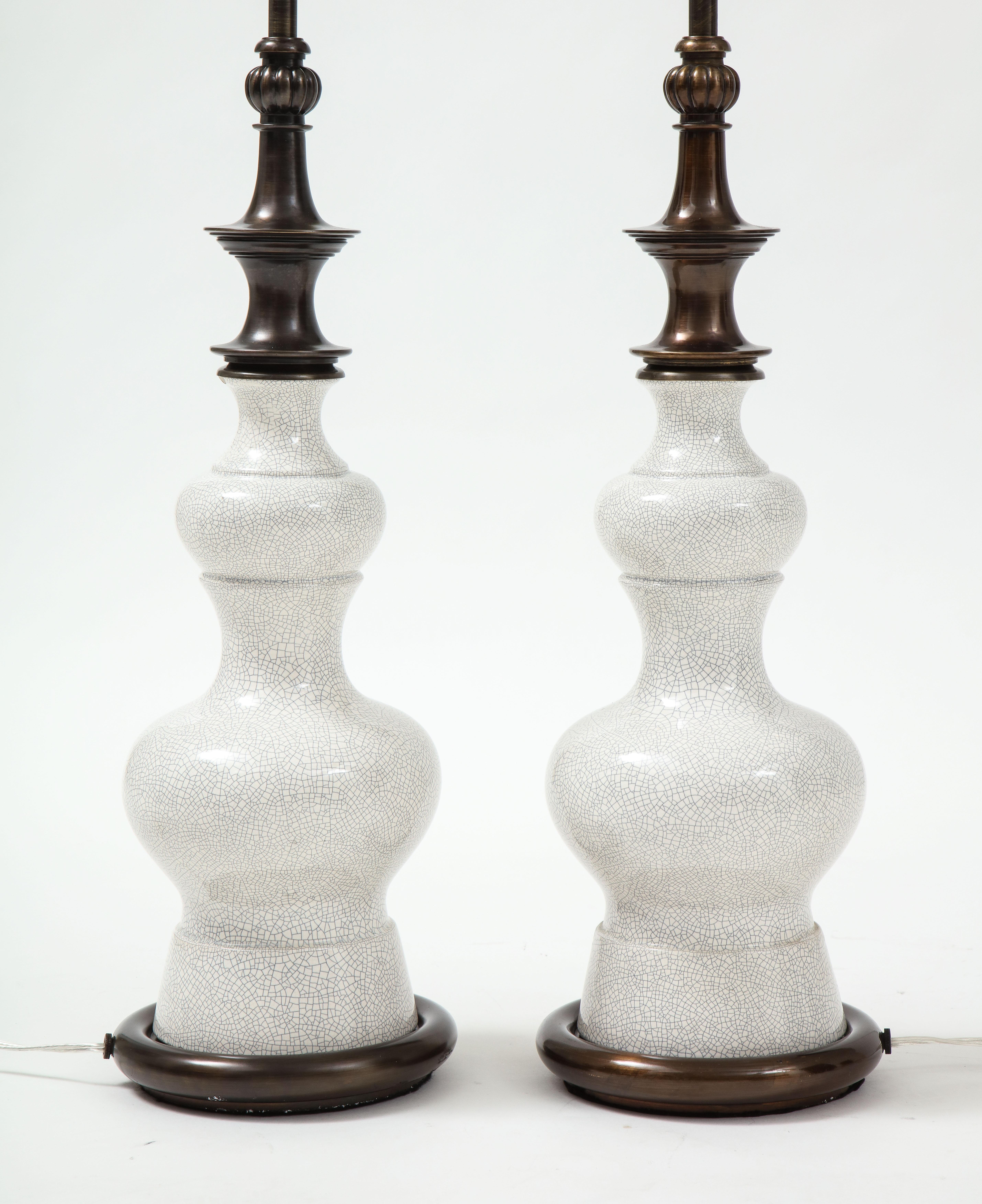 Mid-Century Modern Stiffel Bronze, Crackled Porcelain Lamps For Sale