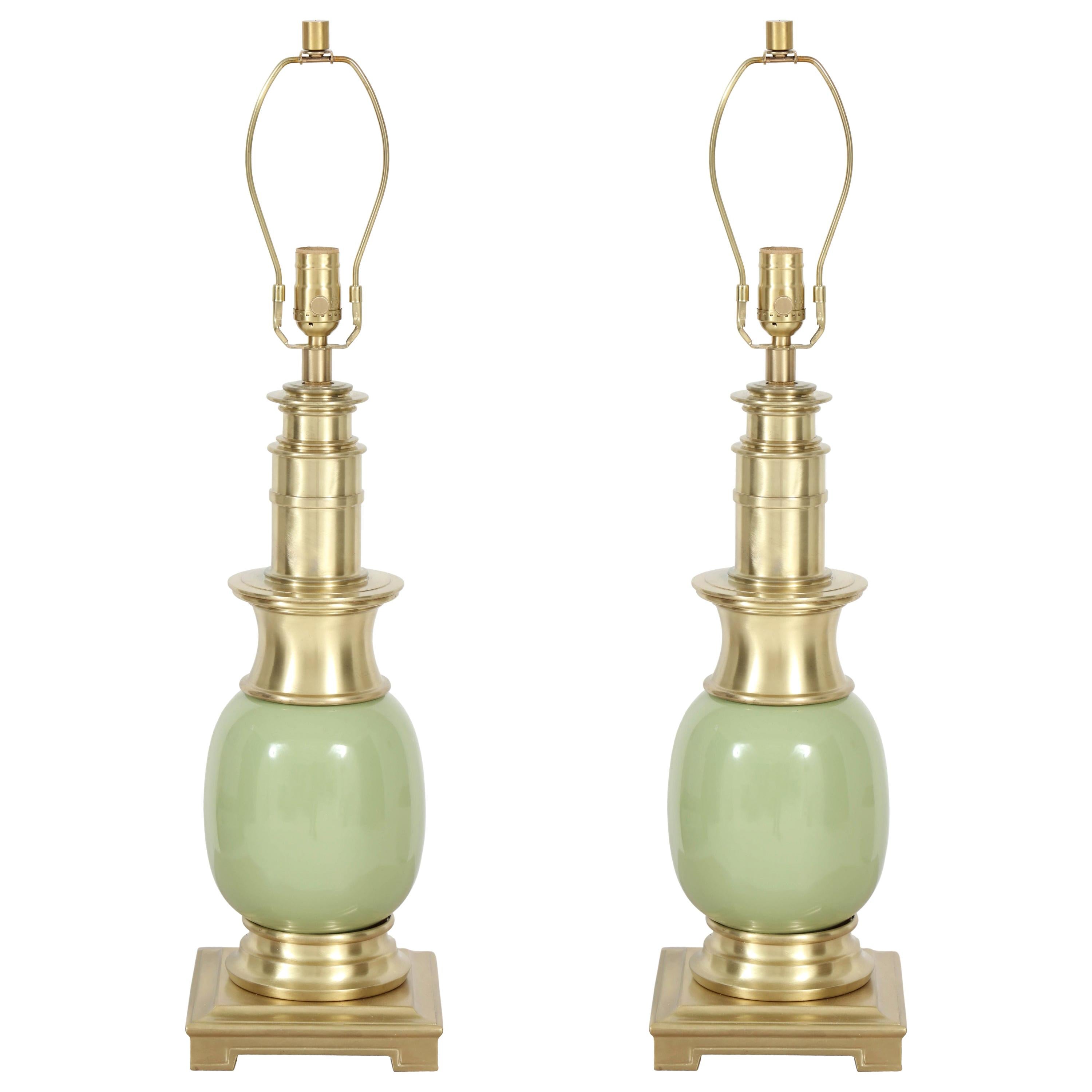 Stiffel Celadon Ceramic Orb and Brass Lamps For Sale