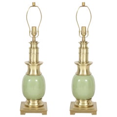 Stiffel Celadon Ceramic Orb and Brass Lamps