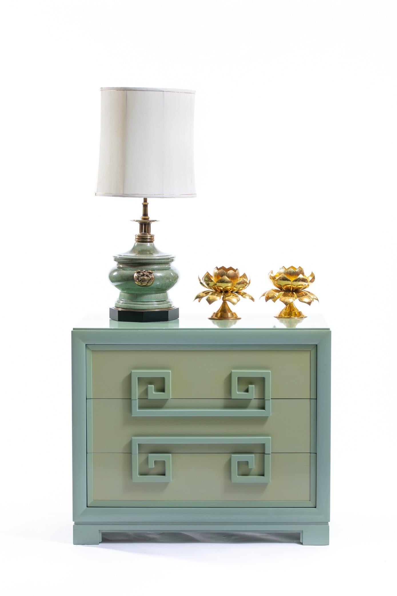American Stiffel Large Chinoiserie Ceramic and Brass Dragon / Foo Dog Lamps by Edwin Cole