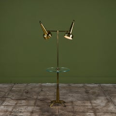 Stiffel Double Shade Brass Floor Lamp with Attached Glass Side Table