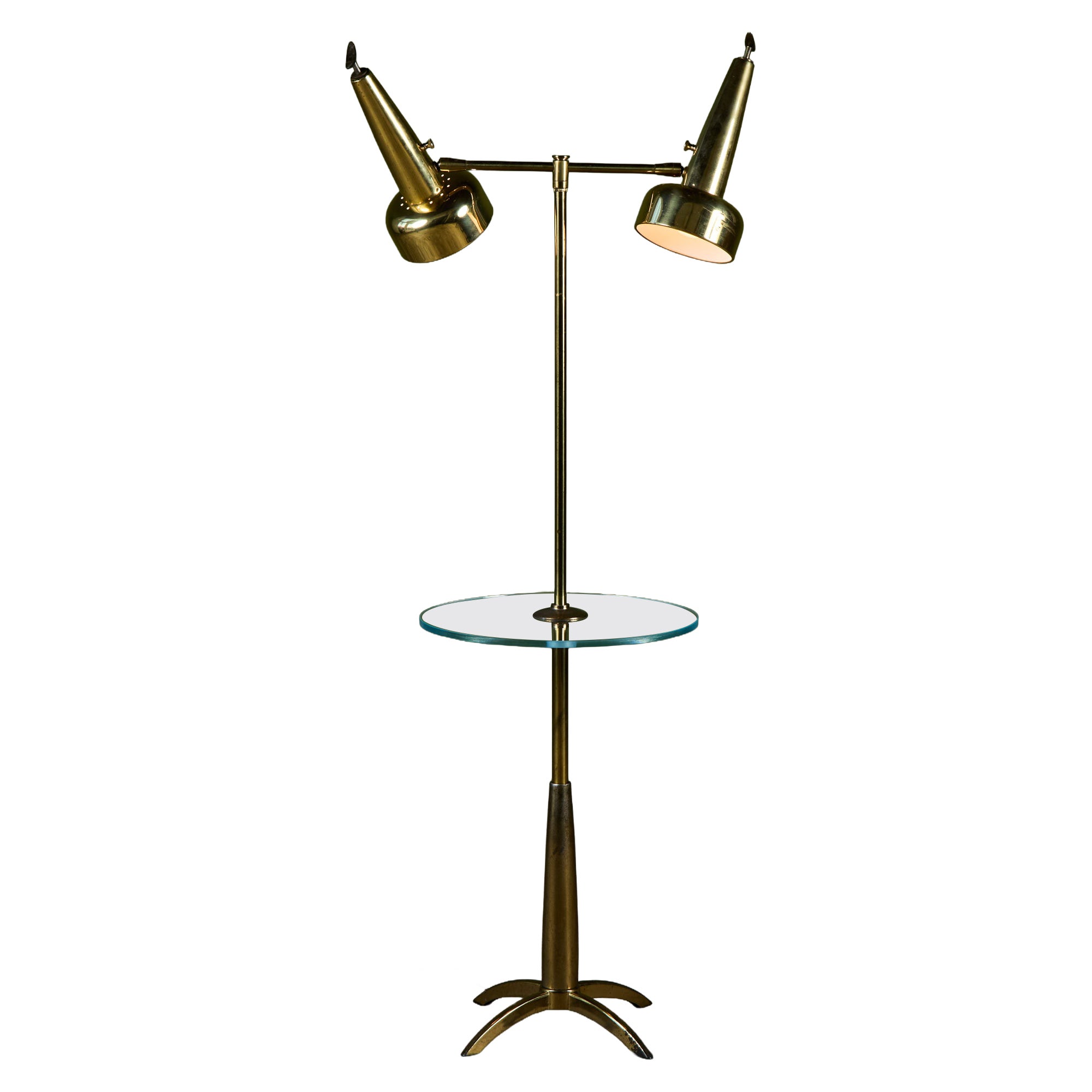 Stiffel Lampadaire en laiton à double abat-jour avec table d'appoint en verre attenante