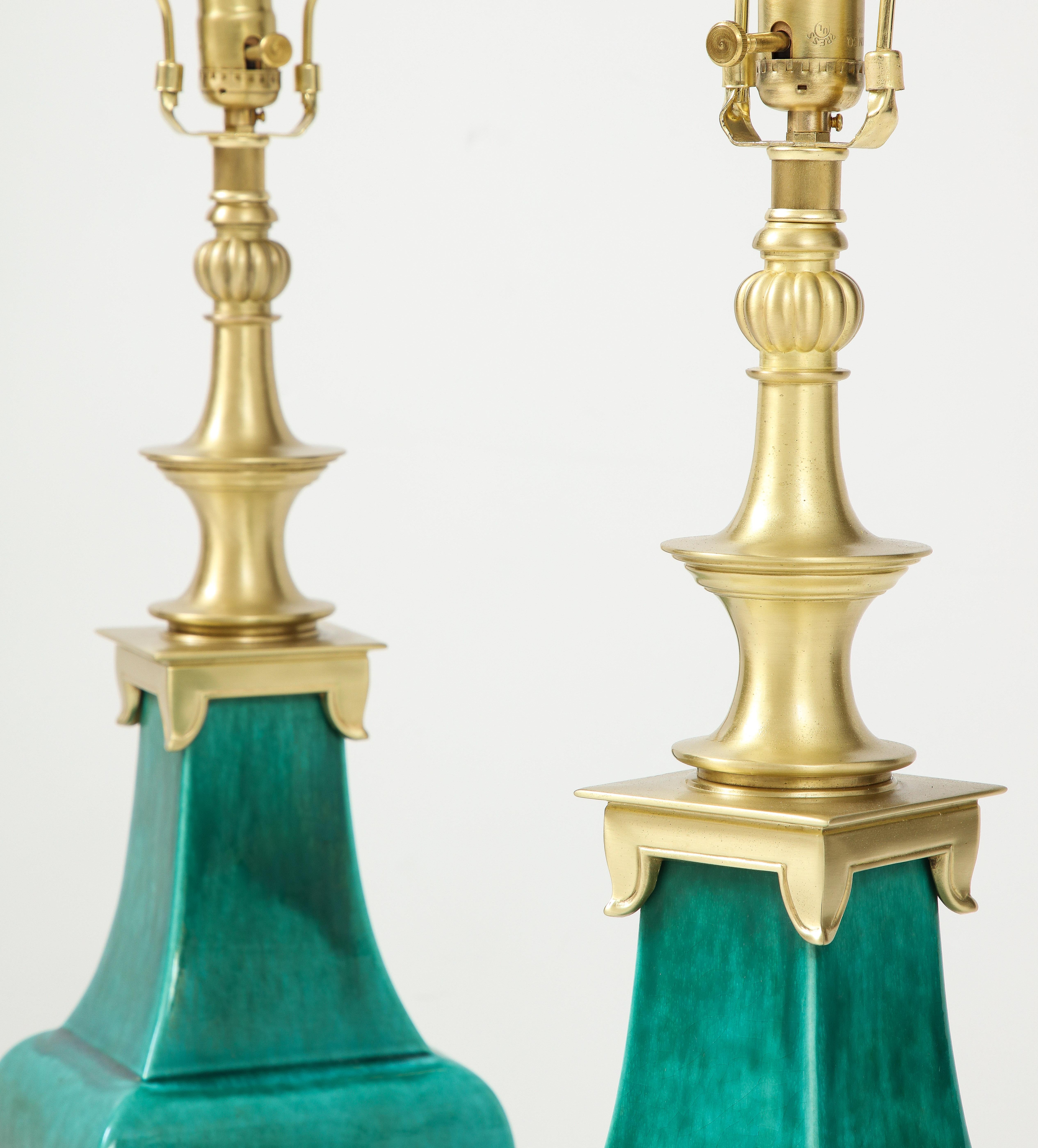 Stiffel Emerald Green Porcelain Midcentury Lamps 3
