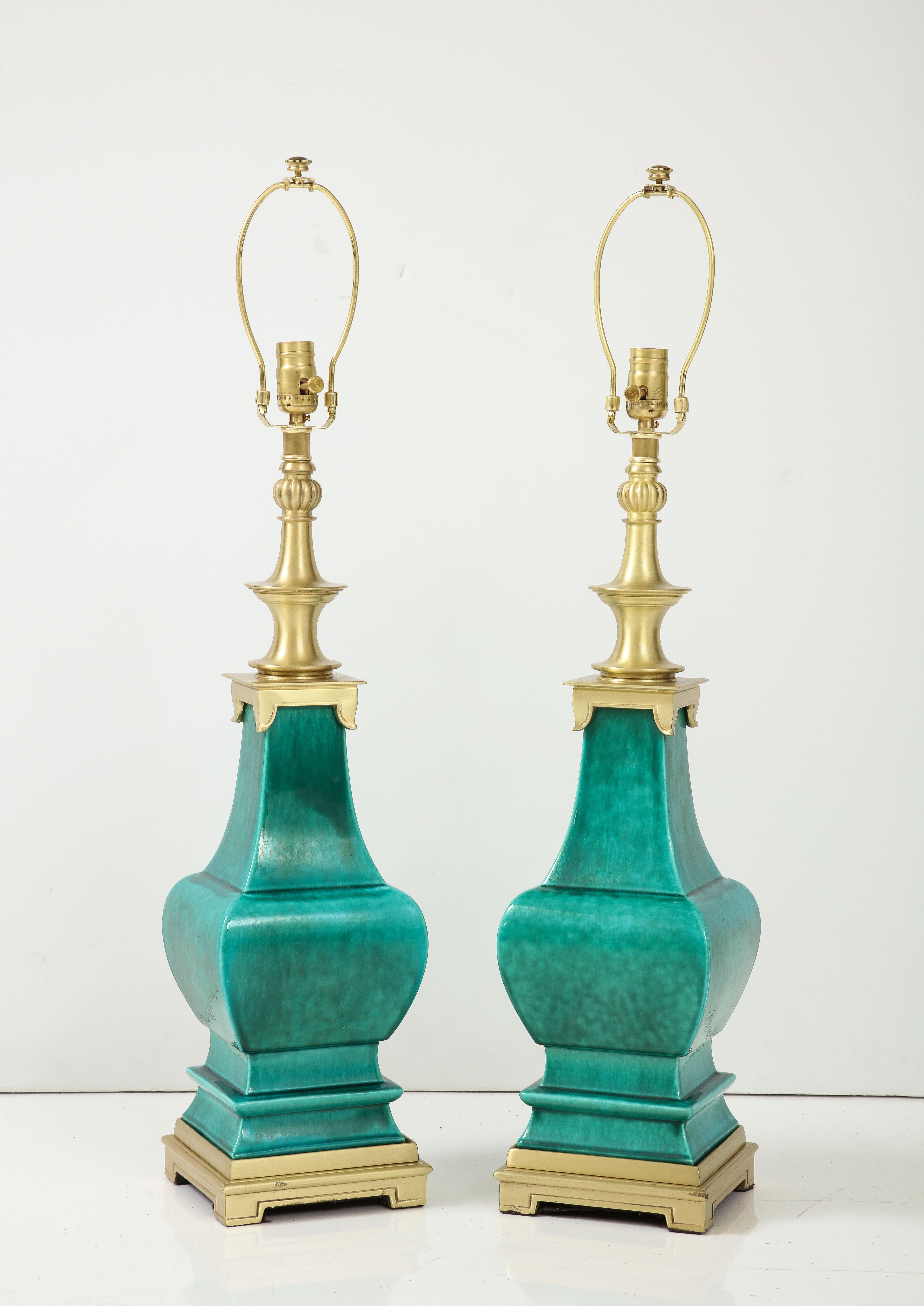 Hollywood Regency Stiffel Emerald Green Porcelain Midcentury Lamps