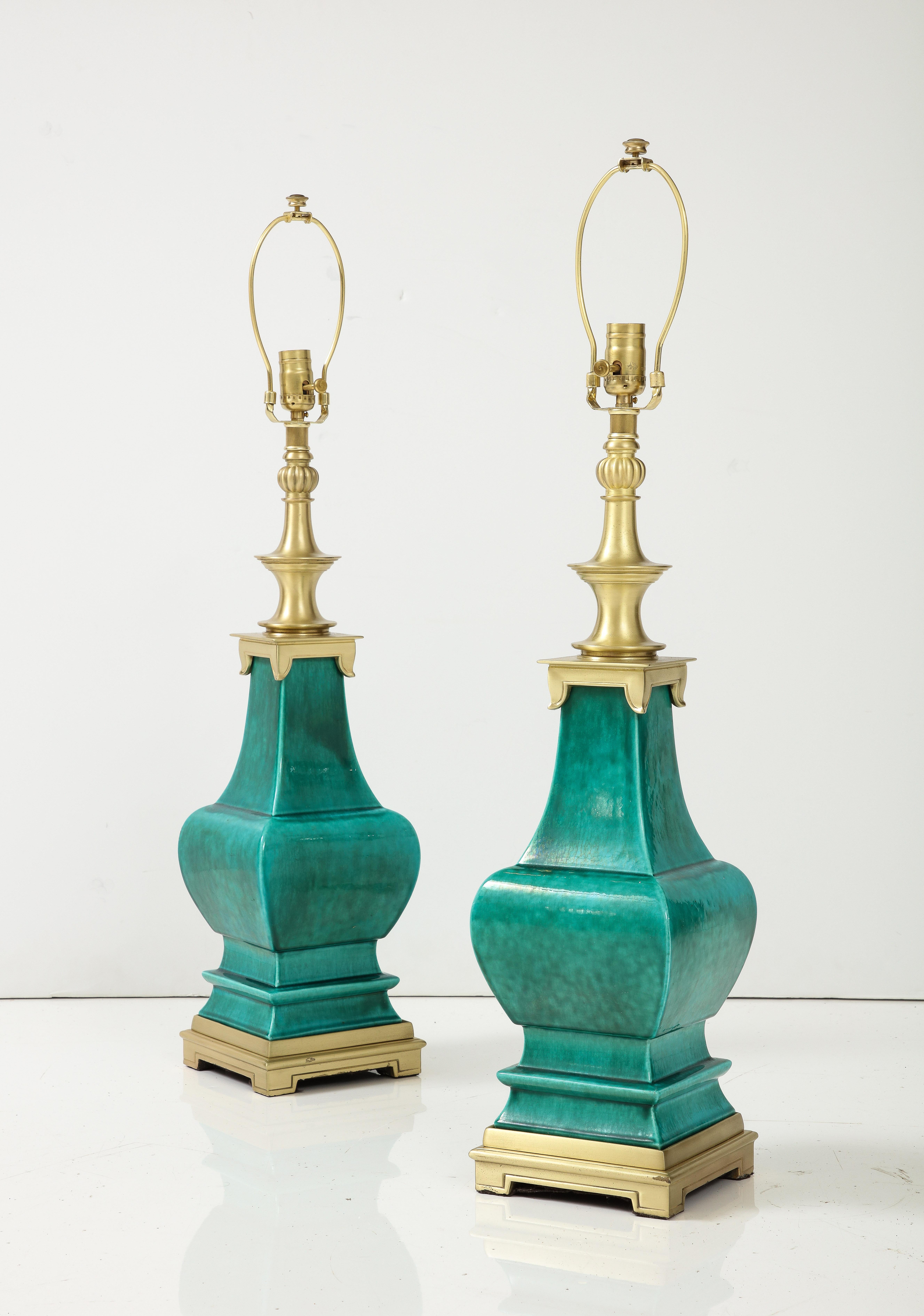 Stiffel Emerald Green Porcelain Midcentury Lamps In Excellent Condition In New York, NY