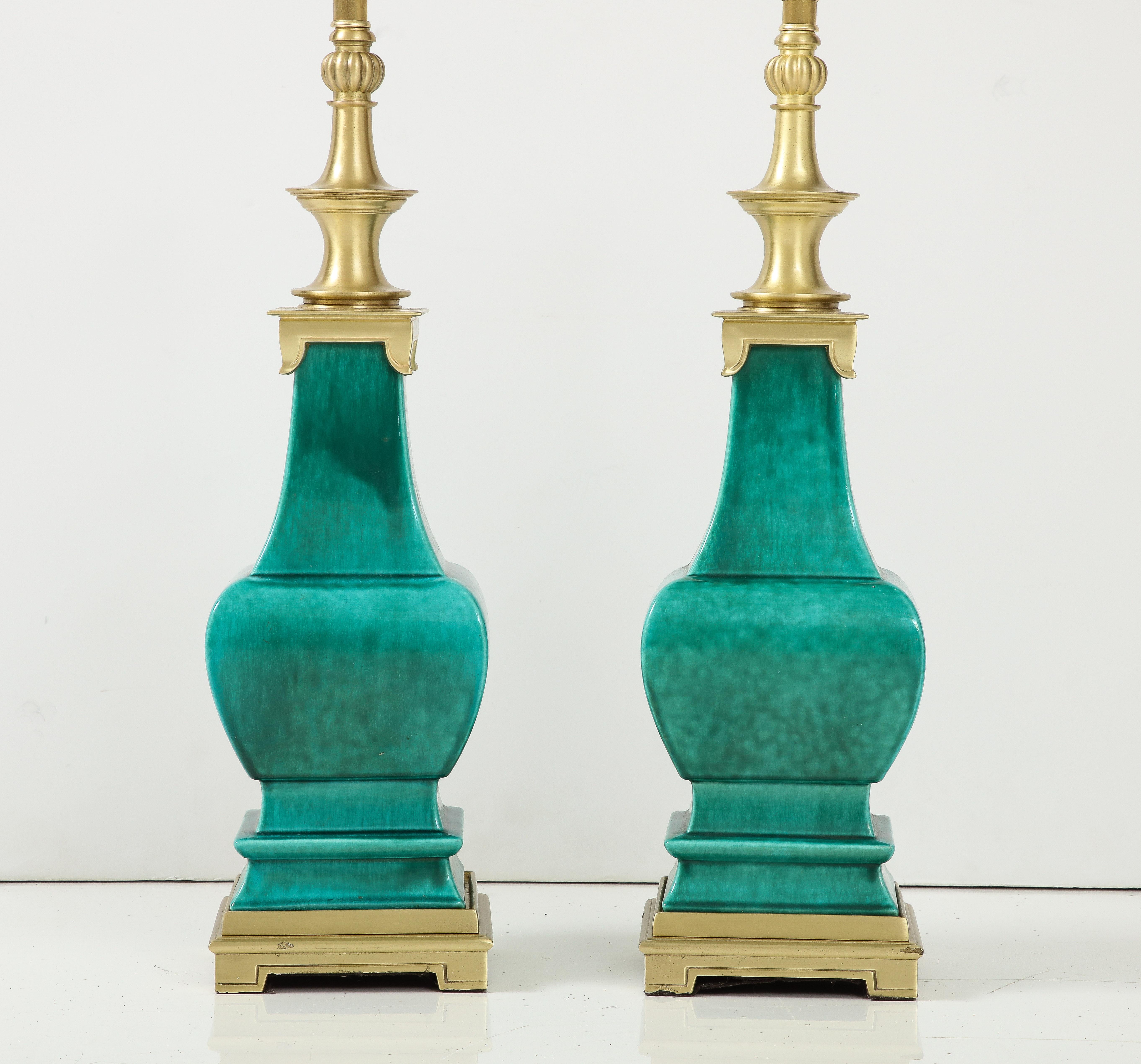 Brass Stiffel Emerald Green Porcelain Midcentury Lamps