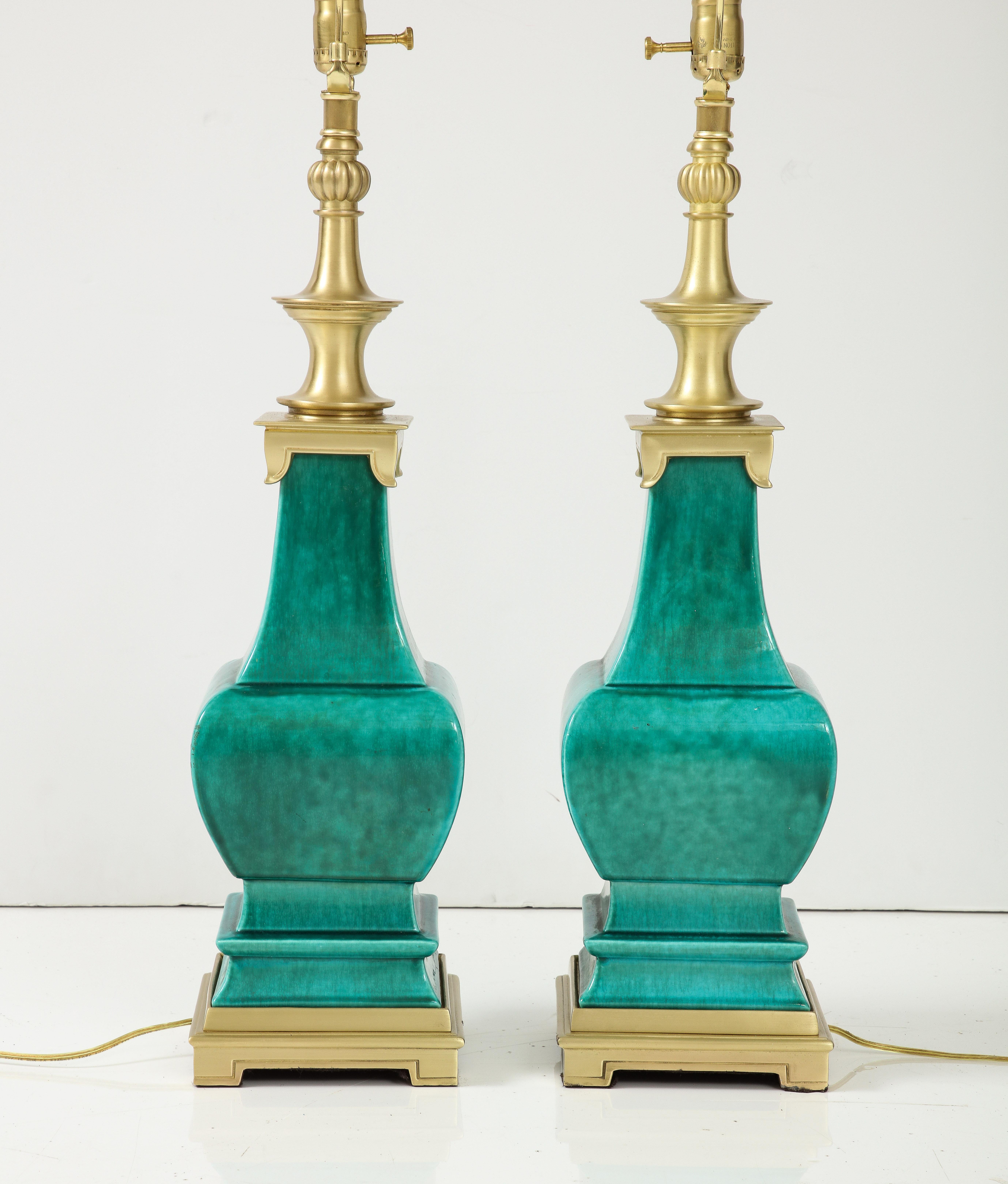 Stiffel Emerald Green Porcelain Midcentury Lamps 1