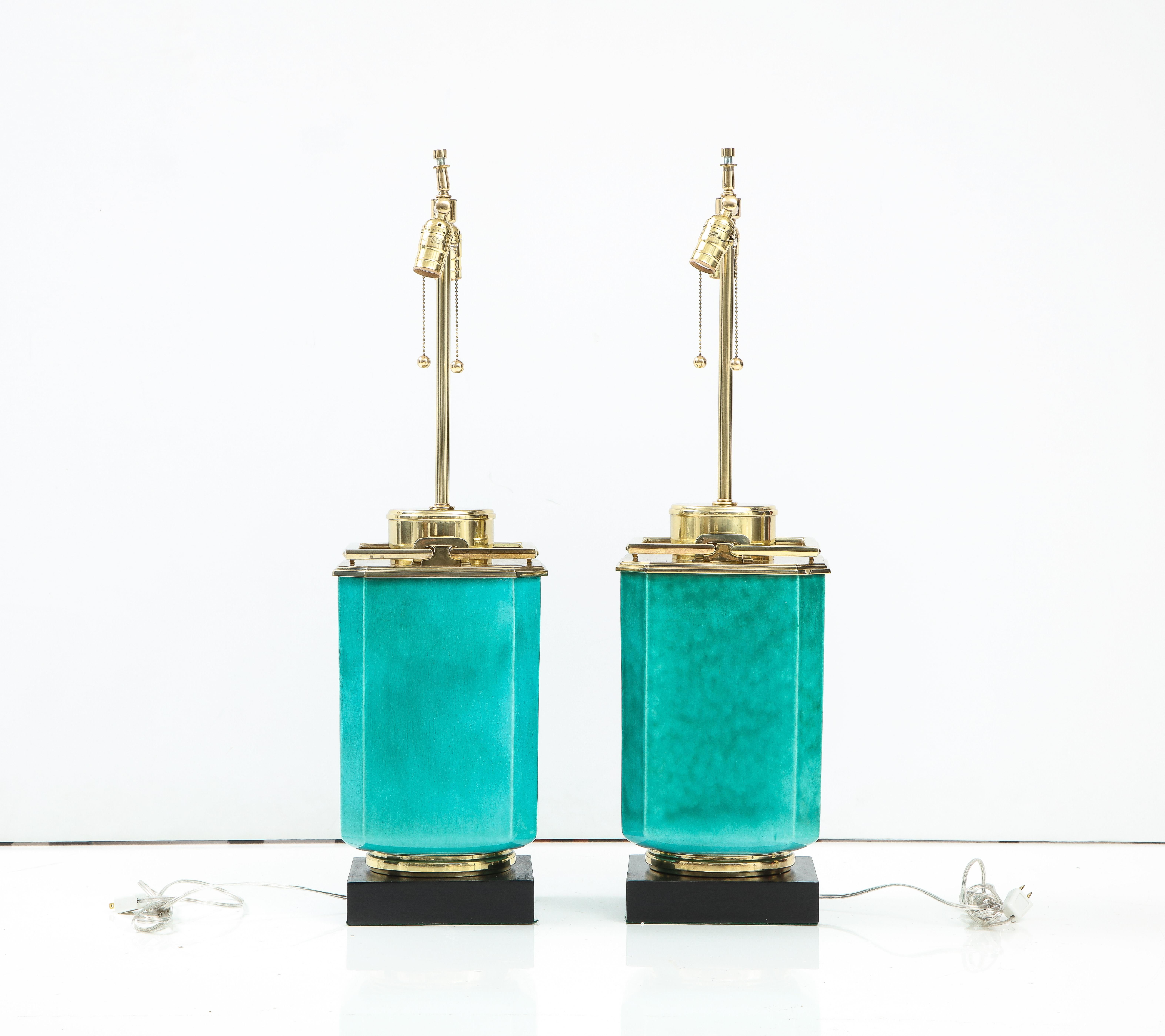 Hollywood Regency Stiffel Emerald Porcelain Statement Lamps