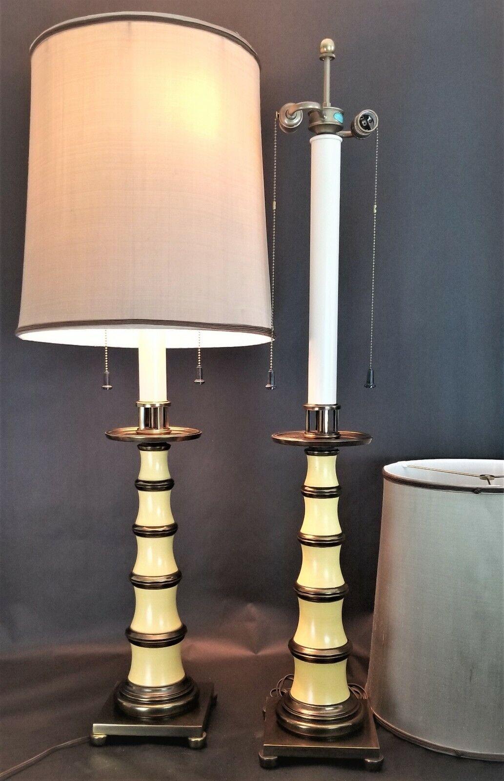 Mid-Century Modern Stiffel Enamel Brass Candlestick Lamps with Dupioni Silk Shades For Sale