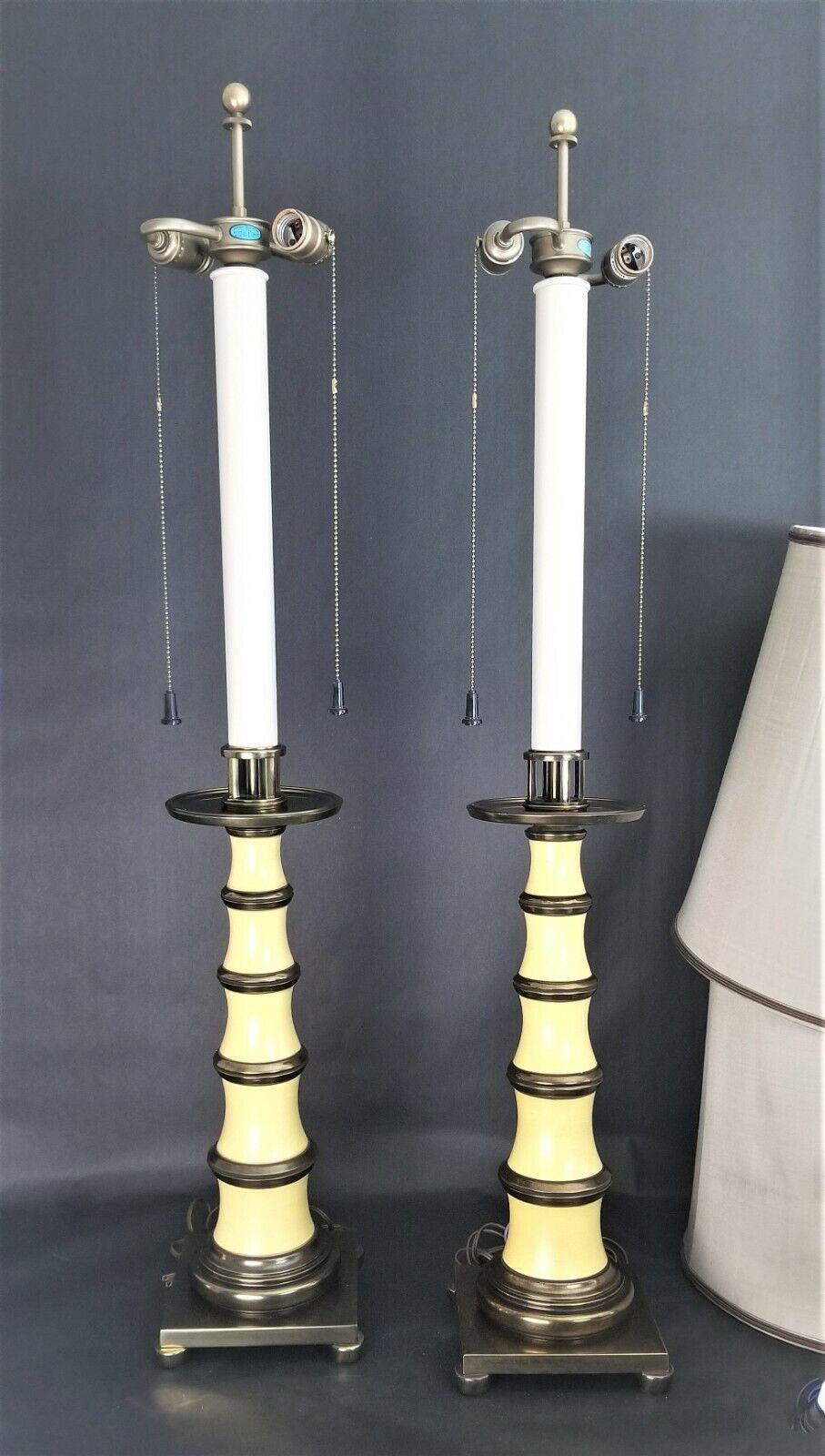American Stiffel Enamel Brass Candlestick Lamps with Dupioni Silk Shades For Sale