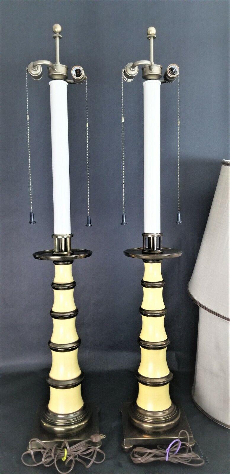 Mid-20th Century Stiffel Enamel Brass Candlestick Lamps with Dupioni Silk Shades For Sale