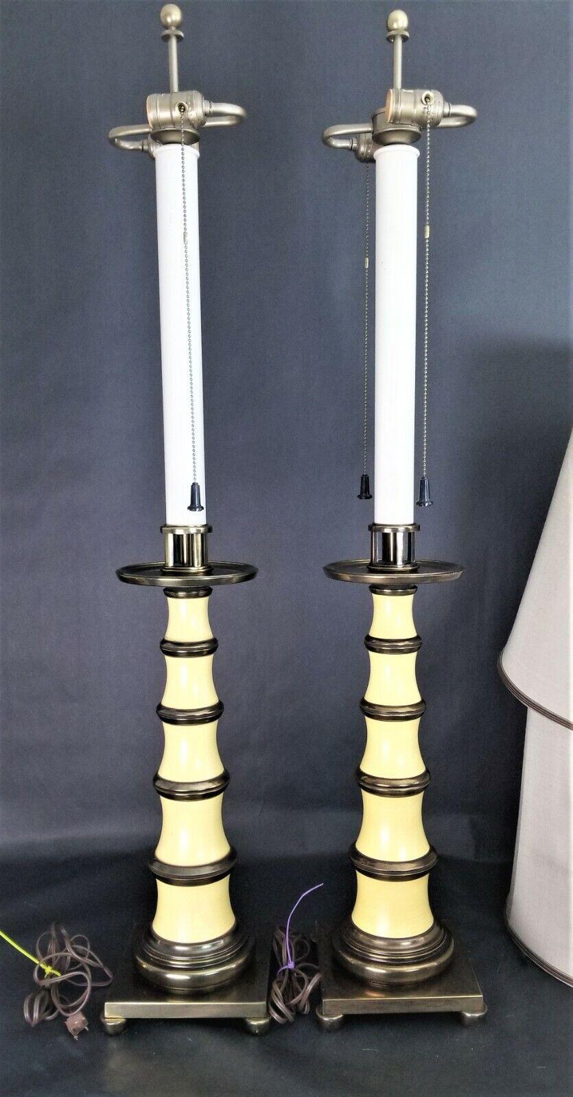 Stiffel Enamel Brass Candlestick Lamps with Dupioni Silk Shades For Sale 1