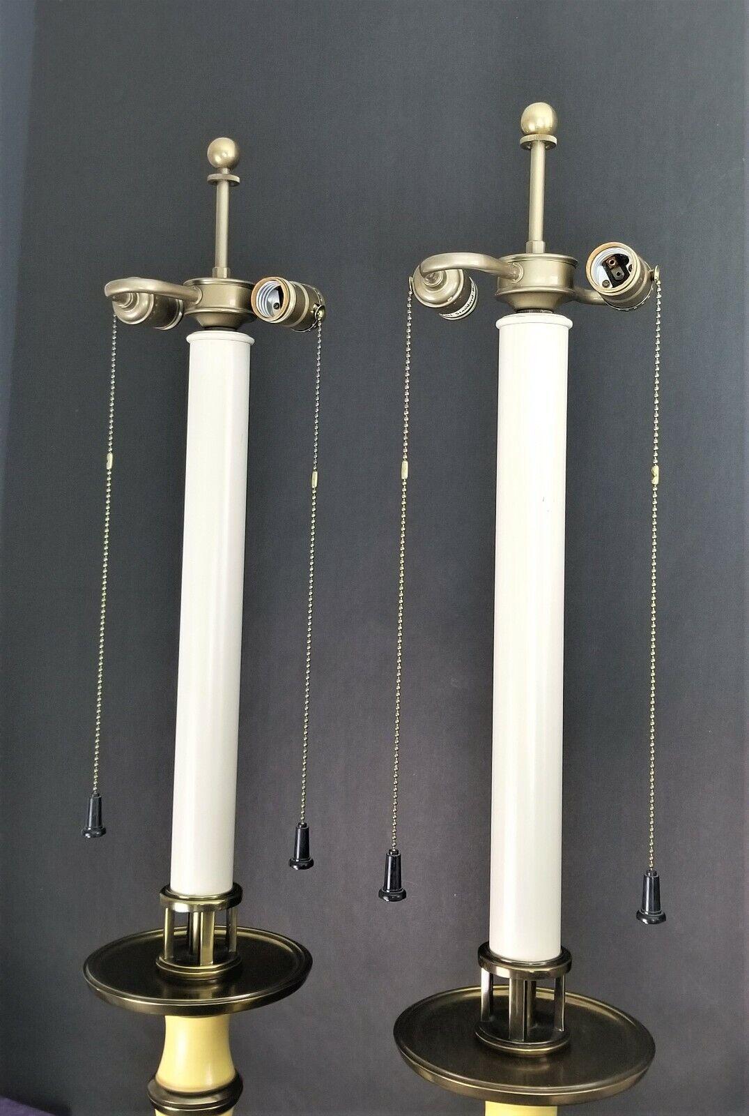 Stiffel Enamel Brass Candlestick Lamps with Dupioni Silk Shades For Sale 2