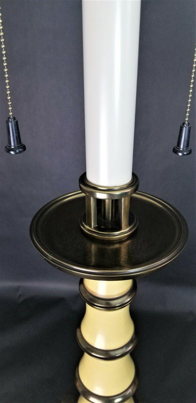 Stiffel Enamel Brass Candlestick Lamps with Dupioni Silk Shades For Sale 3