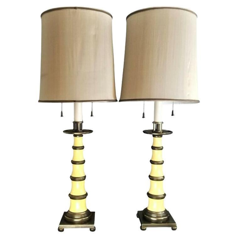 Stiffel Enamel Brass Candlestick Lamps with Dupioni Silk Shades For Sale