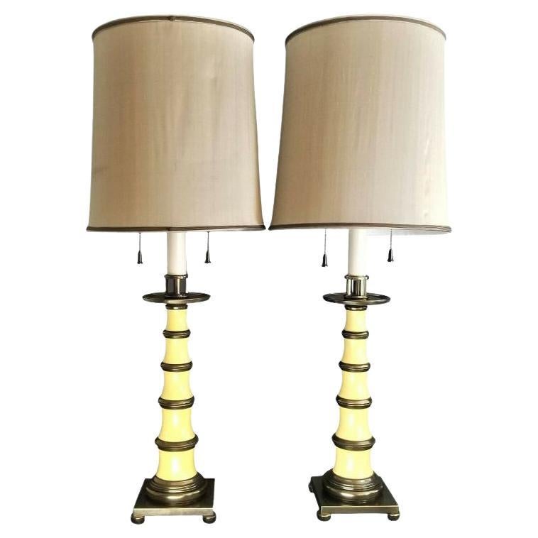 Stiffel Enamel Brass Candlestick Lamps with Dupioni Silk Shades