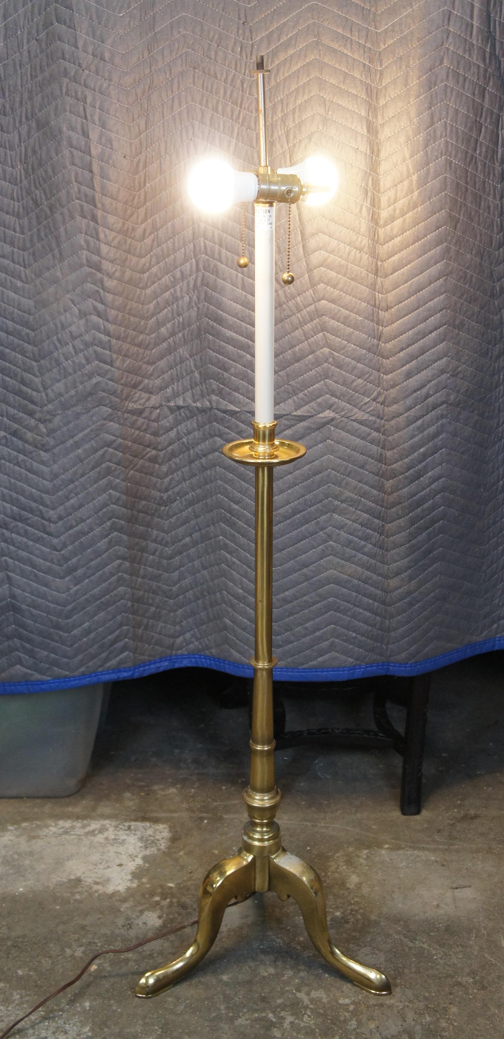 Stiffel Hollywood Regency Brass Two Light Candlestick Tripod Floor Lamp 52