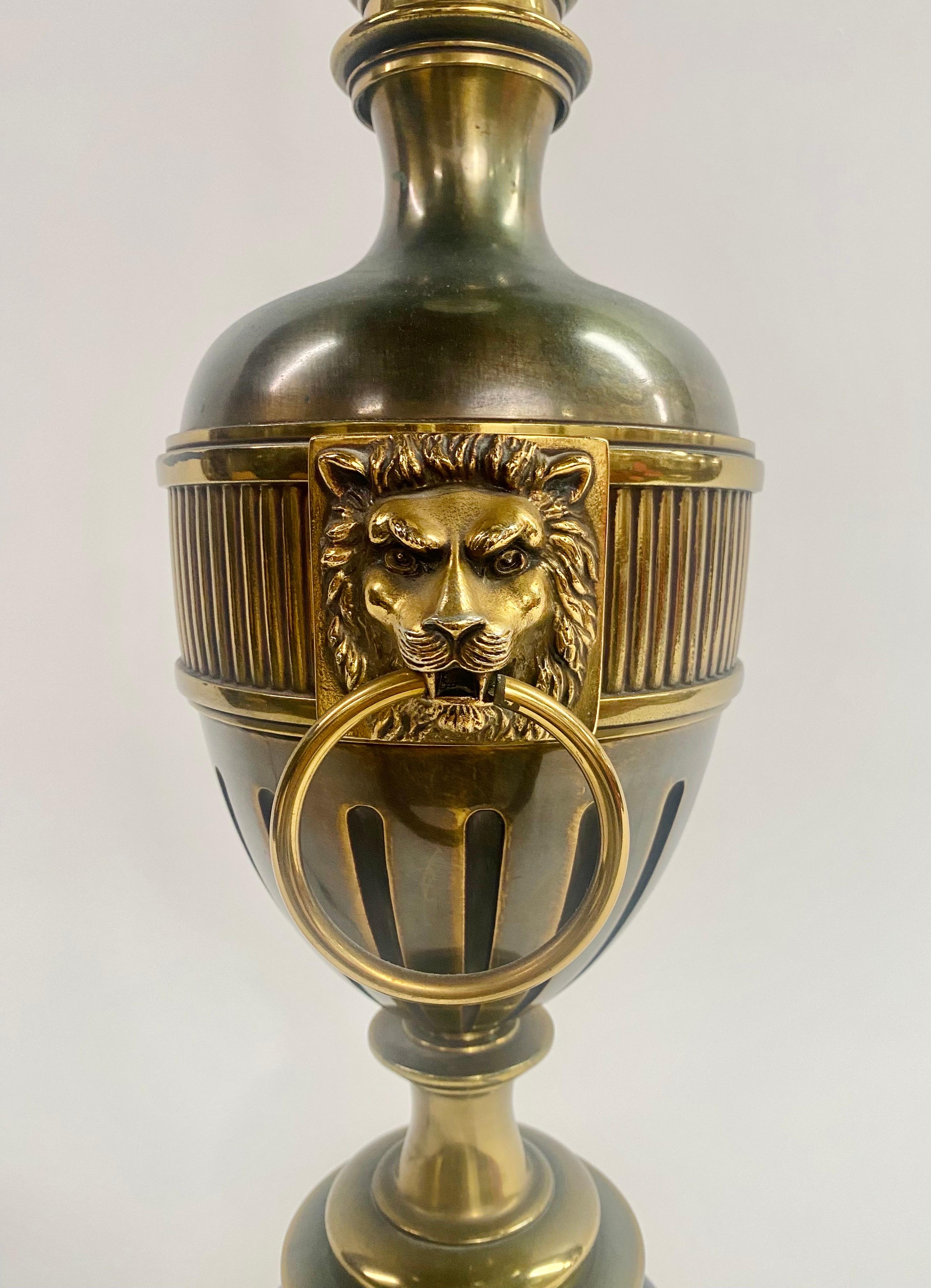 Stiffel Hollywood Regency Style Brass & Ebony with Lion Head Table Lamp For Sale 7